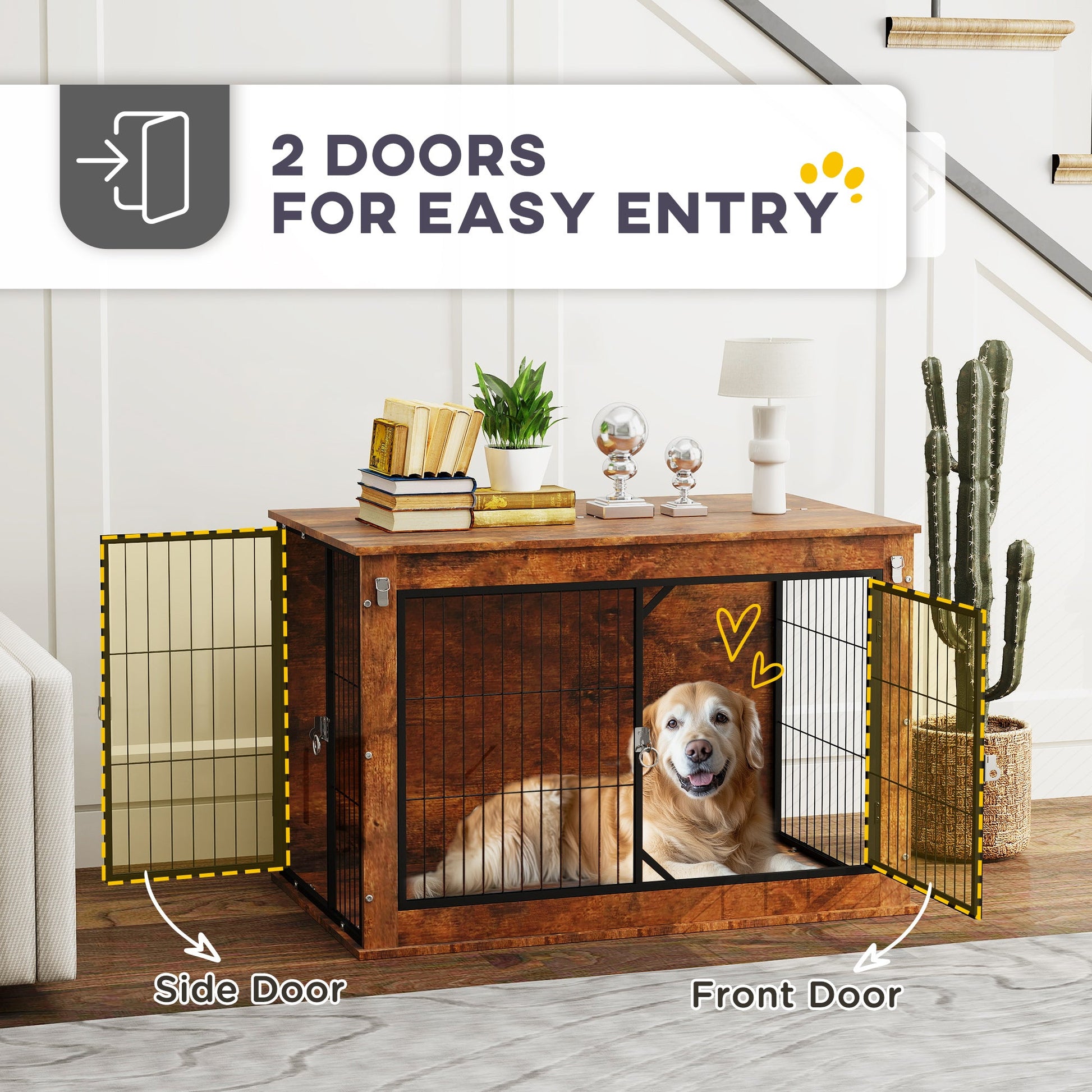 Dog Crate Furniture, Dog Cage End Table with Openable Top, Two Lockable Doors, for Large Pets, 98 x 60 x 65.5cm, Rustic Brown