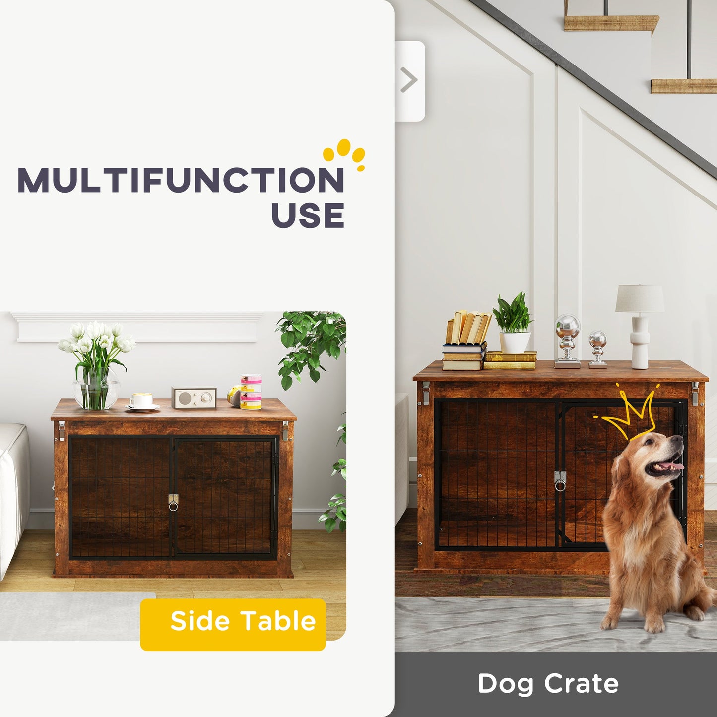 Dog Crate Furniture, Dog Cage End Table with Openable Top, Two Lockable Doors, for Large Pets, 98 x 60 x 65.5cm, Rustic Brown