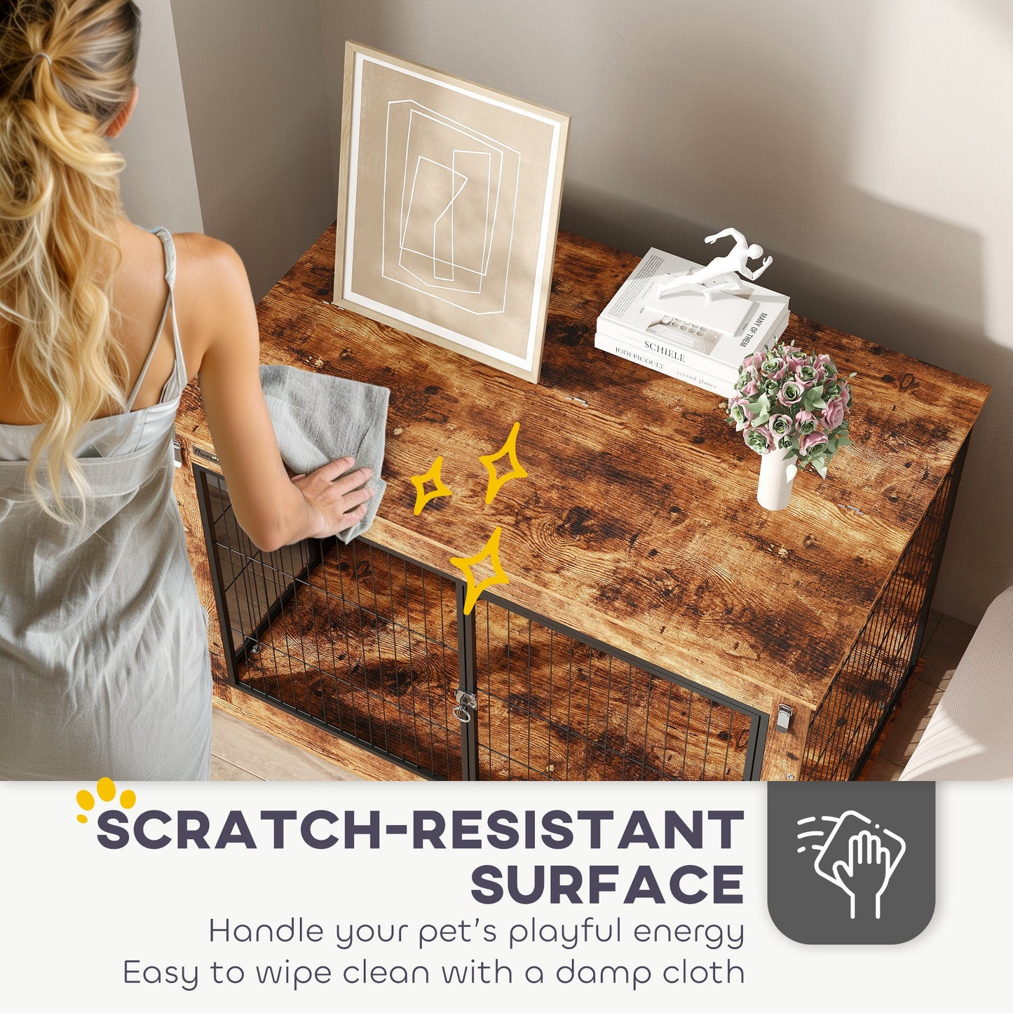 Dog Crate Furniture, Dog Cage End Table with Openable Top, Two Lockable Doors, for Large Pets, 98 x 60 x 65.5cm, Rustic Brown