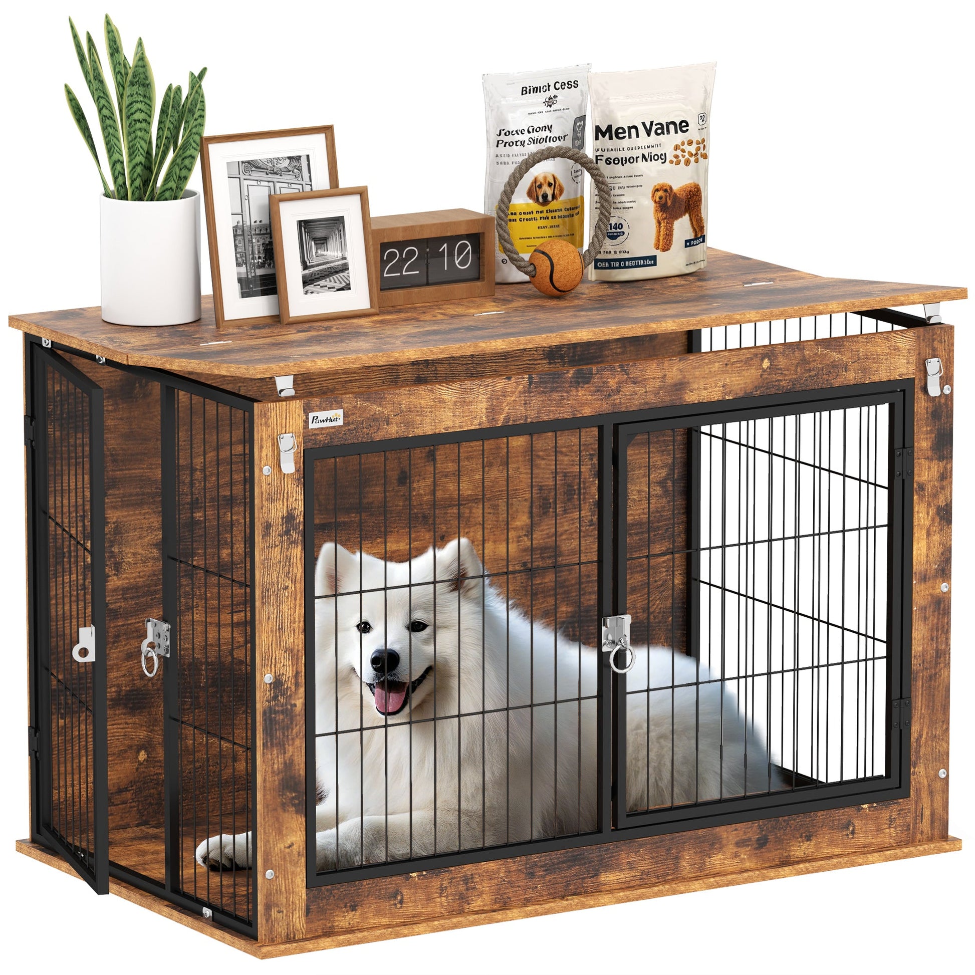 Dog Crate Furniture, Dog Cage End Table with Openable Top, Two Lockable Doors, for Large Pets, 98 x 60 x 65.5cm, Rustic Brown