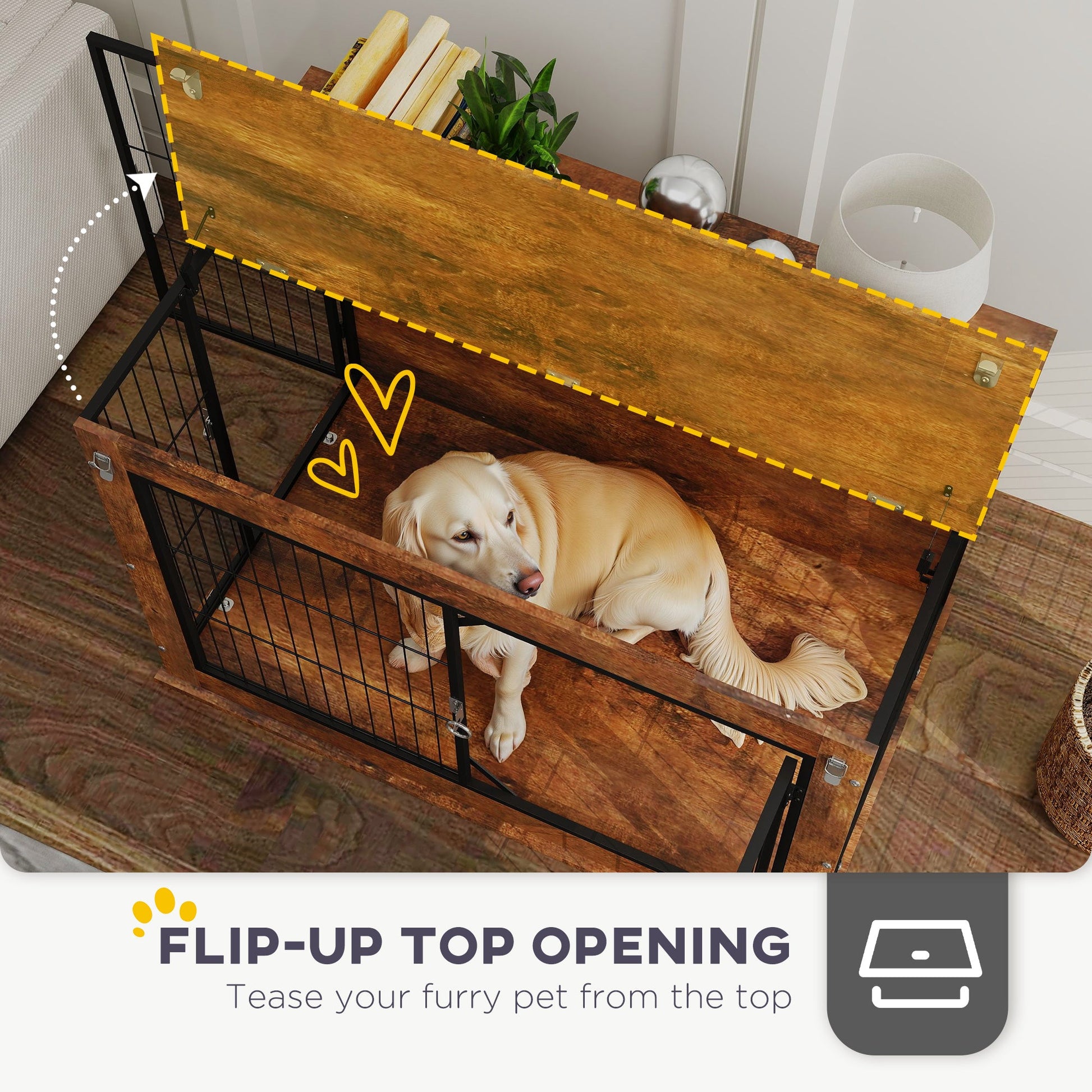 Dog Crate Furniture, Dog Cage End Table with Openable Top, Two Lockable Doors, for Large Pets, 98 x 60 x 65.5cm, Rustic Brown