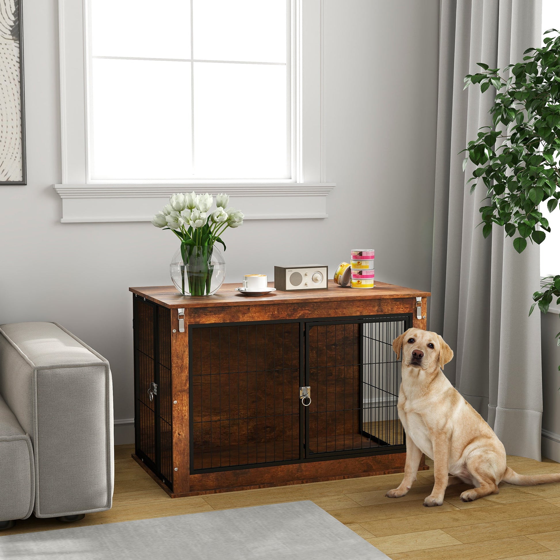 Dog Crate Furniture, Dog Cage End Table with Openable Top, Two Lockable Doors, for Large Pets, 98 x 60 x 65.5cm, Rustic Brown