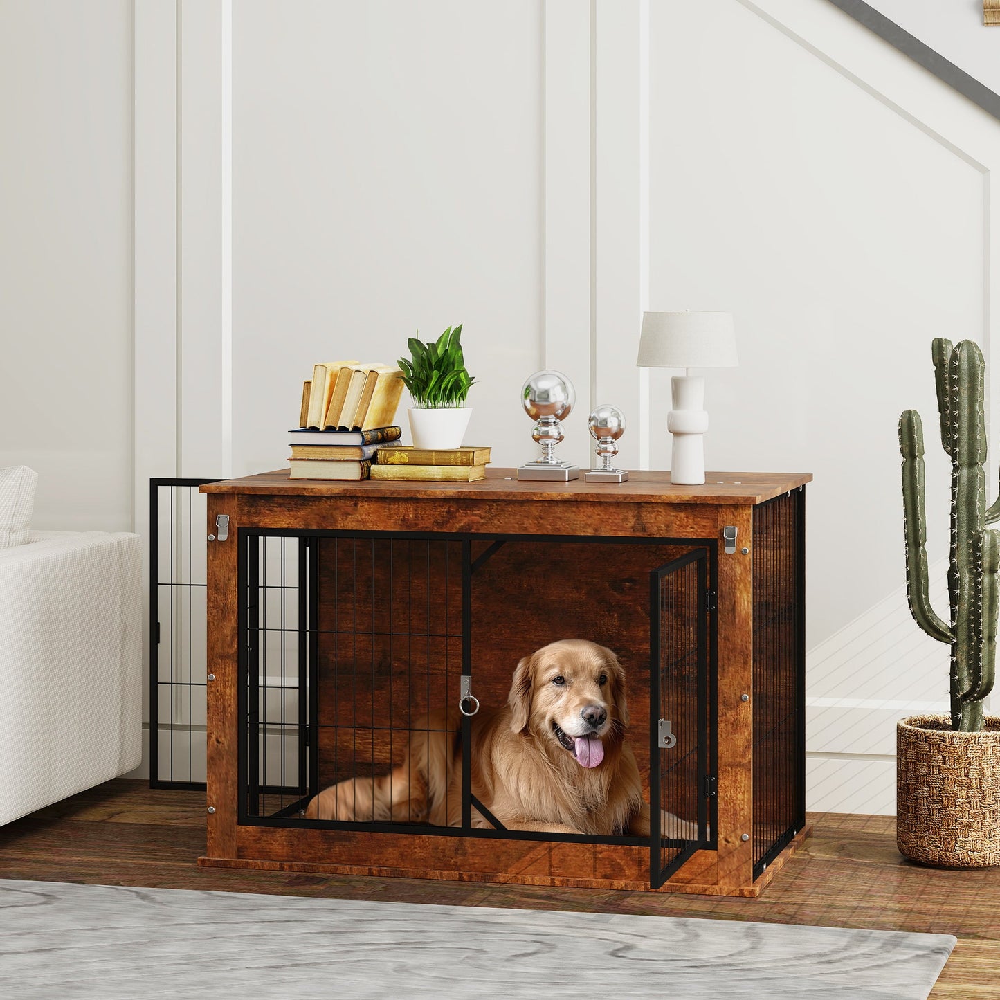 Dog Crate Furniture, Dog Cage End Table with Openable Top, Two Lockable Doors, for Large Pets, 98 x 60 x 65.5cm, Rustic Brown