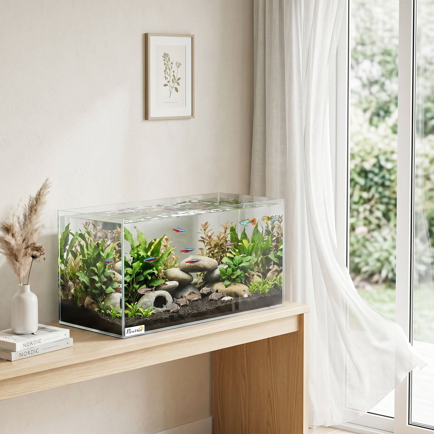 51L Fish Tank, Glass Aquarium, Small Fish Tank with Protective Base Mat, for Shrimps, Turtles, Transparent, 60 x 30 x 30 cm
