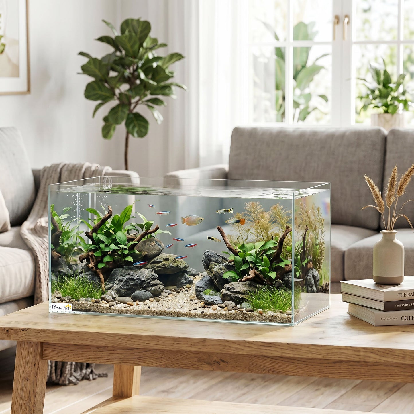 51L Fish Tank, Glass Aquarium, Small Fish Tank with Protective Base Mat, for Shrimps, Turtles, Transparent, 60 x 30 x 30 cm
