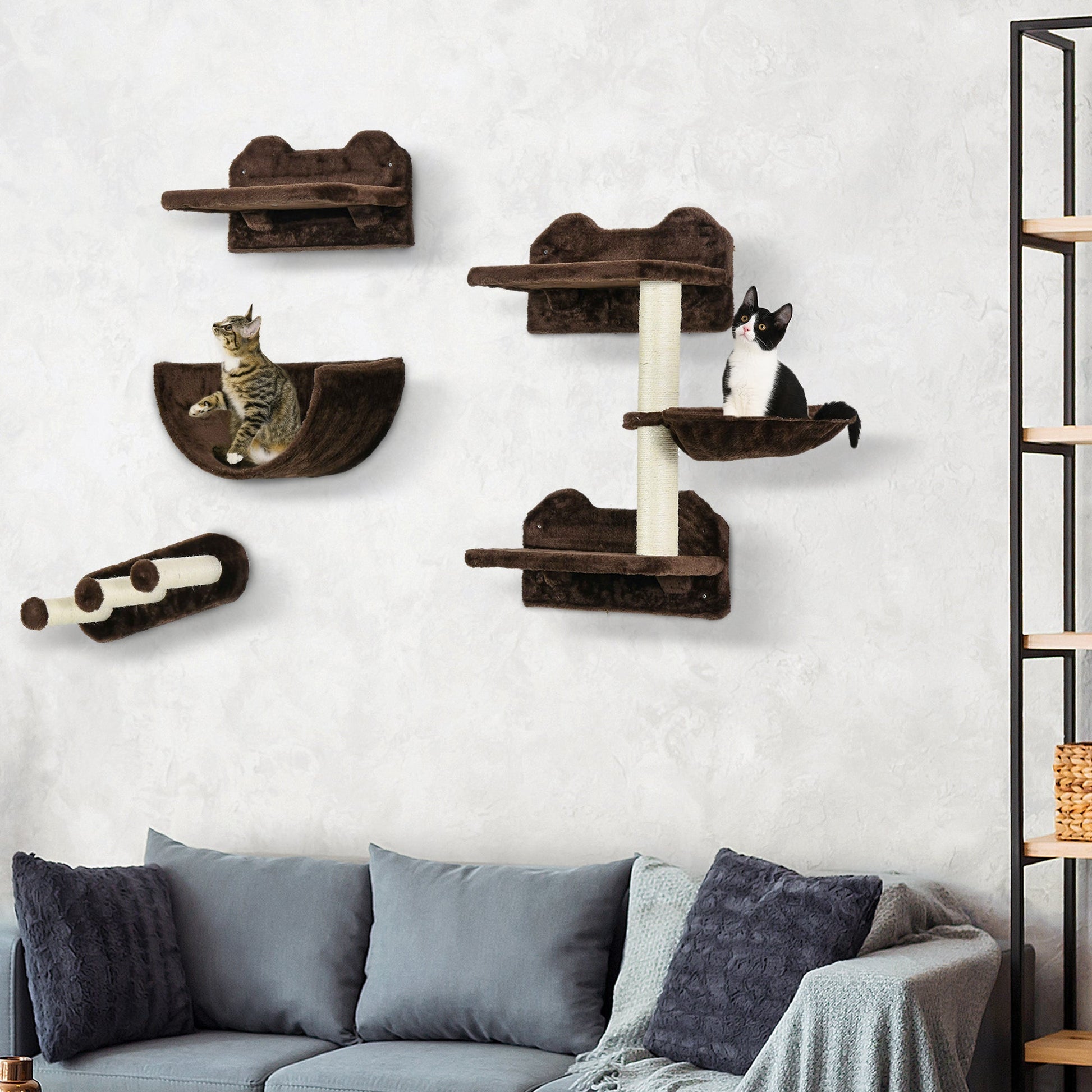 4PCs Wall Mounted Cat Tree Cat Wall Shelves Furniture Climbing Shelf Set Kitten Activity Centre w/ Hammock, Scratching Post - Brown