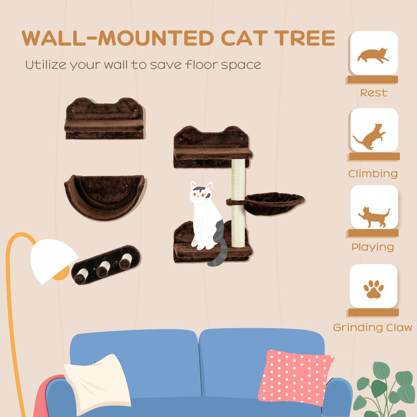 4PCs Wall Mounted Cat Tree Cat Wall Shelves Furniture Climbing Shelf Set Kitten Activity Centre w/ Hammock, Scratching Post - Brown