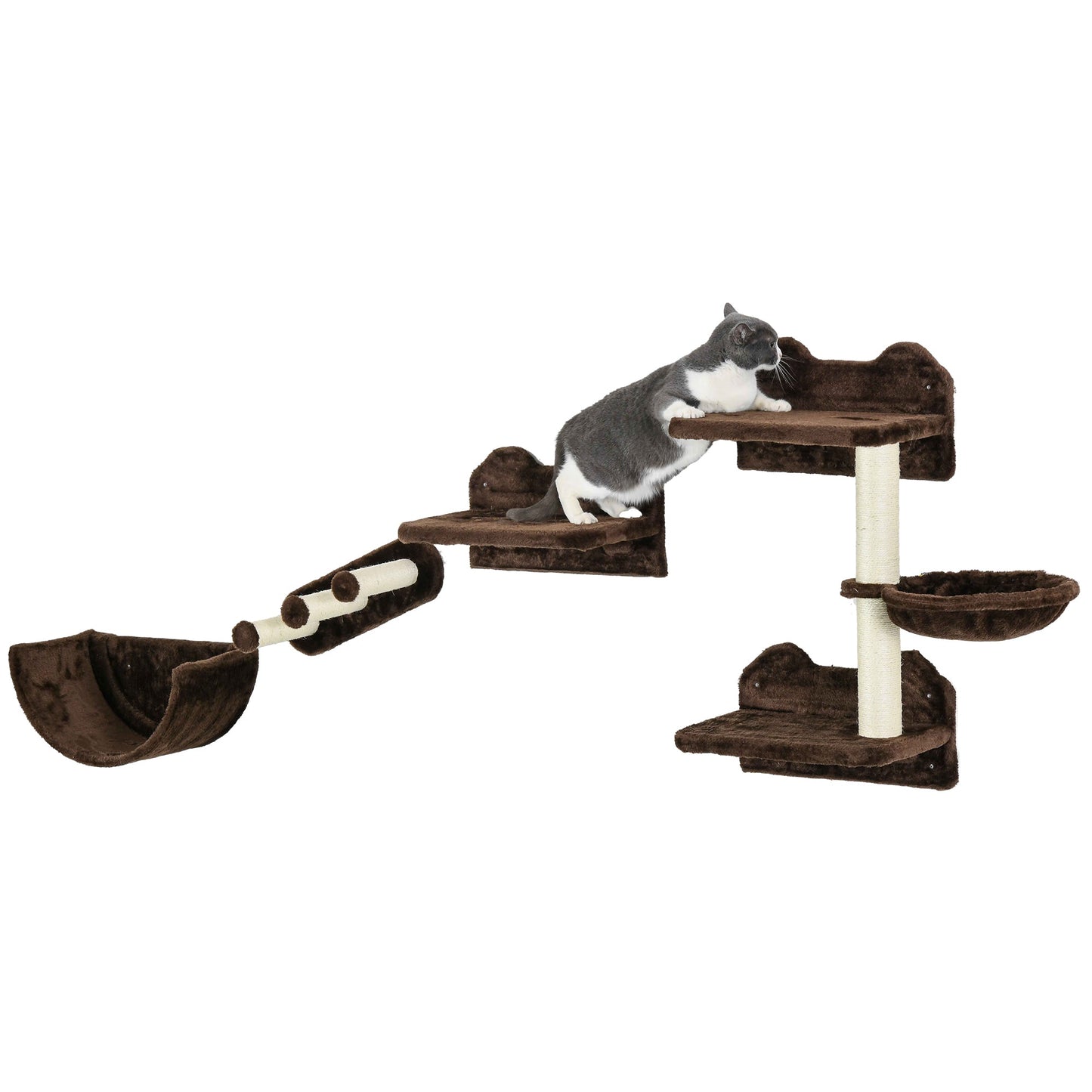 4PCs Wall Mounted Cat Tree Cat Wall Shelves Furniture Climbing Shelf Set Kitten Activity Centre w/ Hammock, Scratching Post - Brown