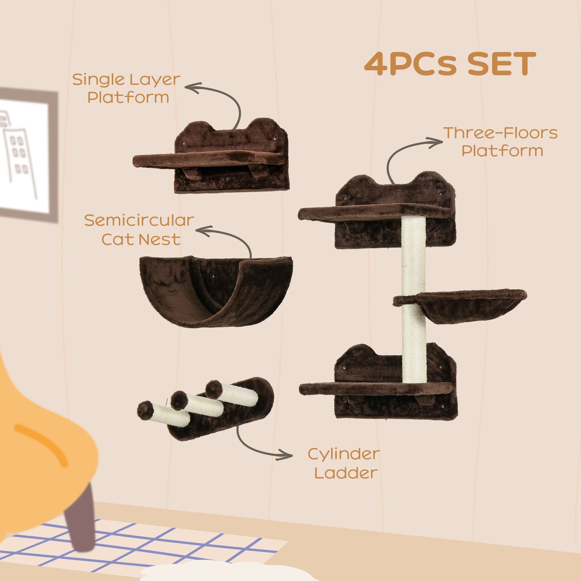 4PCs Wall Mounted Cat Tree Cat Wall Shelves Furniture Climbing Shelf Set Kitten Activity Centre w/ Hammock, Scratching Post - Brown