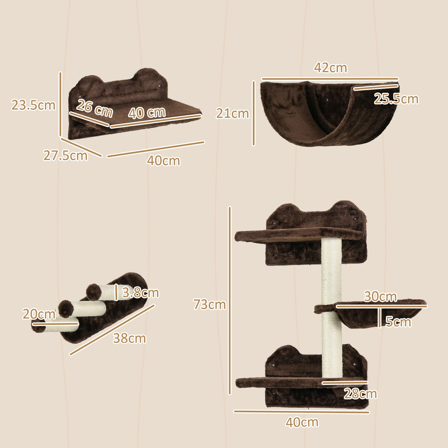 4PCs Wall Mounted Cat Tree Cat Wall Shelves Furniture Climbing Shelf Set Kitten Activity Centre w/ Hammock, Scratching Post - Brown