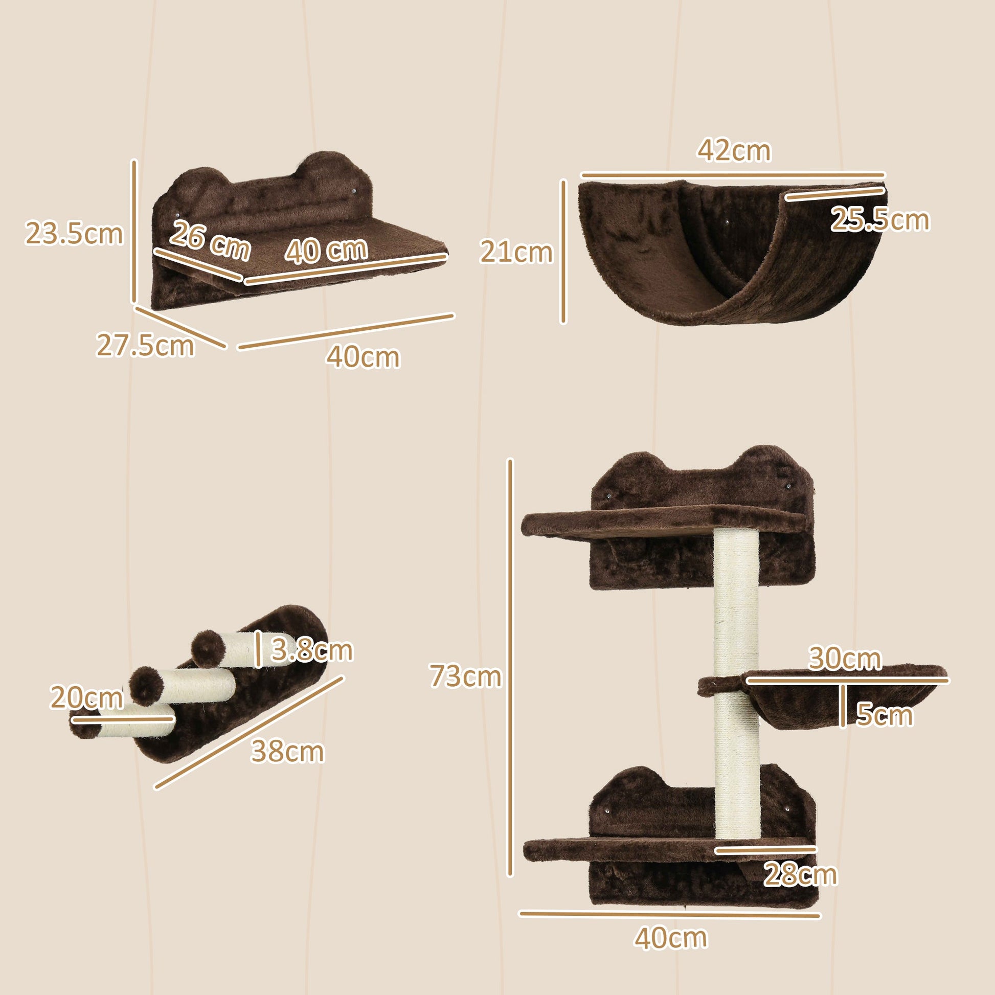 4PCs Wall Mounted Cat Tree Cat Wall Shelves Furniture Climbing Shelf Set Kitten Activity Centre w/ Hammock, Scratching Post - Brown