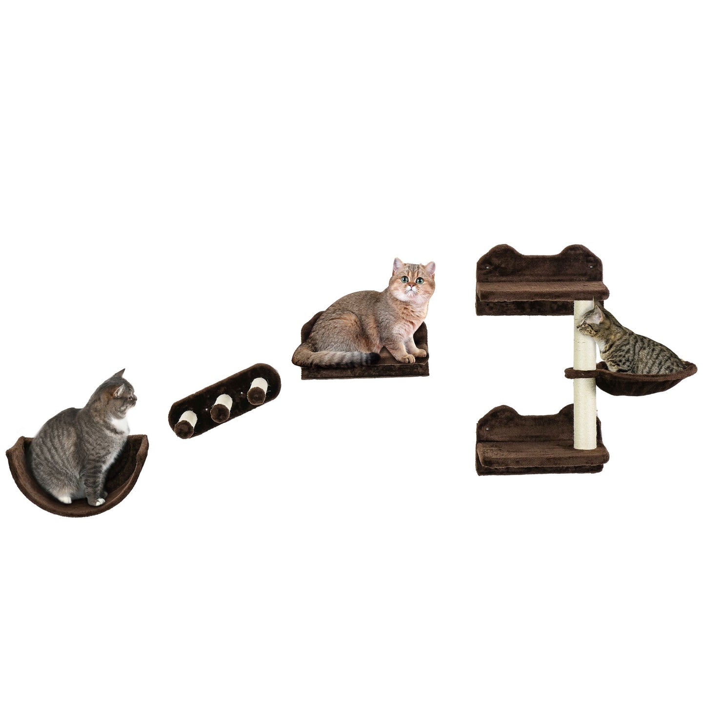 4PCs Wall Mounted Cat Tree Cat Wall Shelves Furniture Climbing Shelf Set Kitten Activity Centre w/ Hammock, Scratching Post - Brown