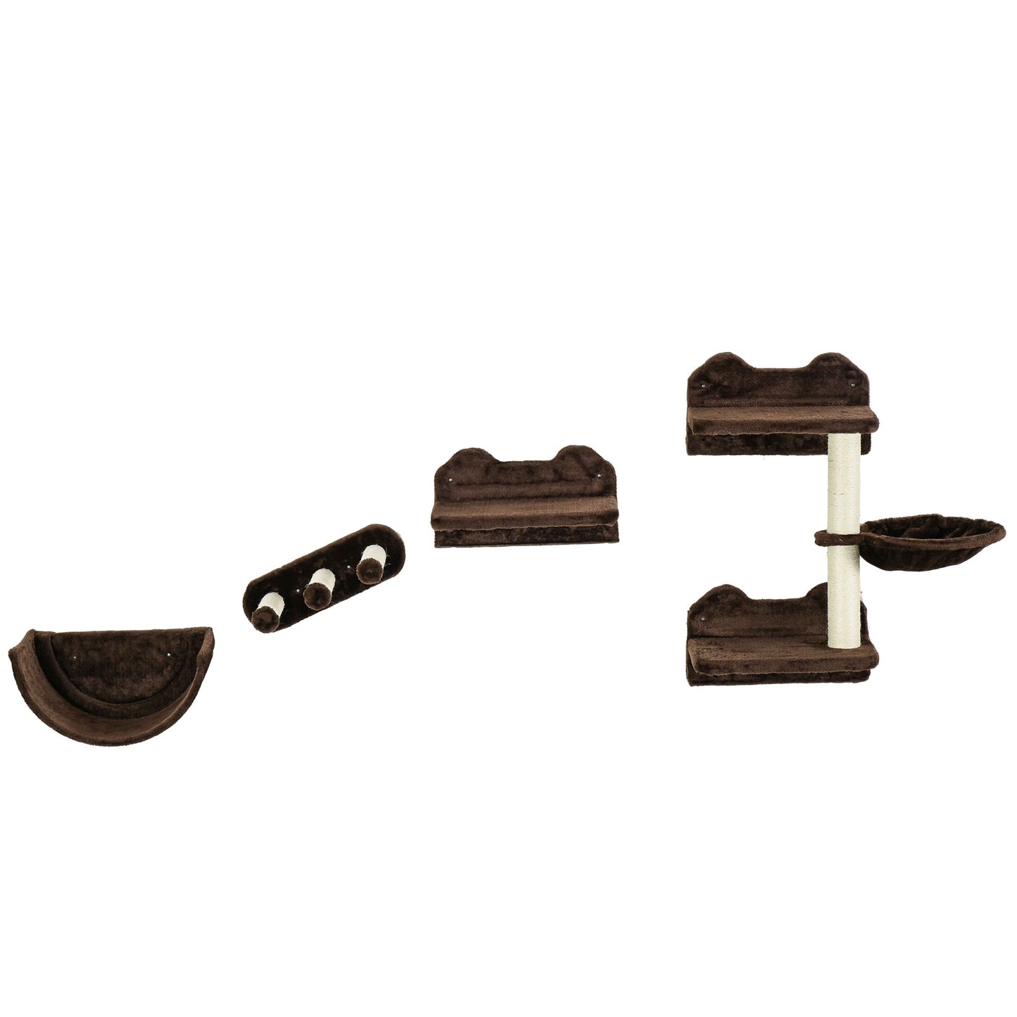 4PCs Wall Mounted Cat Tree Cat Wall Shelves Furniture Climbing Shelf Set Kitten Activity Centre w/ Hammock, Scratching Post - Brown