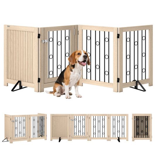 Freestanding Pet Gate, Foldable Dog Gate with Lockable Door, Support Feet & 360° Flexible Hinges, 4 Panel Indoor Safety Dog Barrier for House, Stairs, Doorway, 205 x 30.5 x 70 cm, Oak