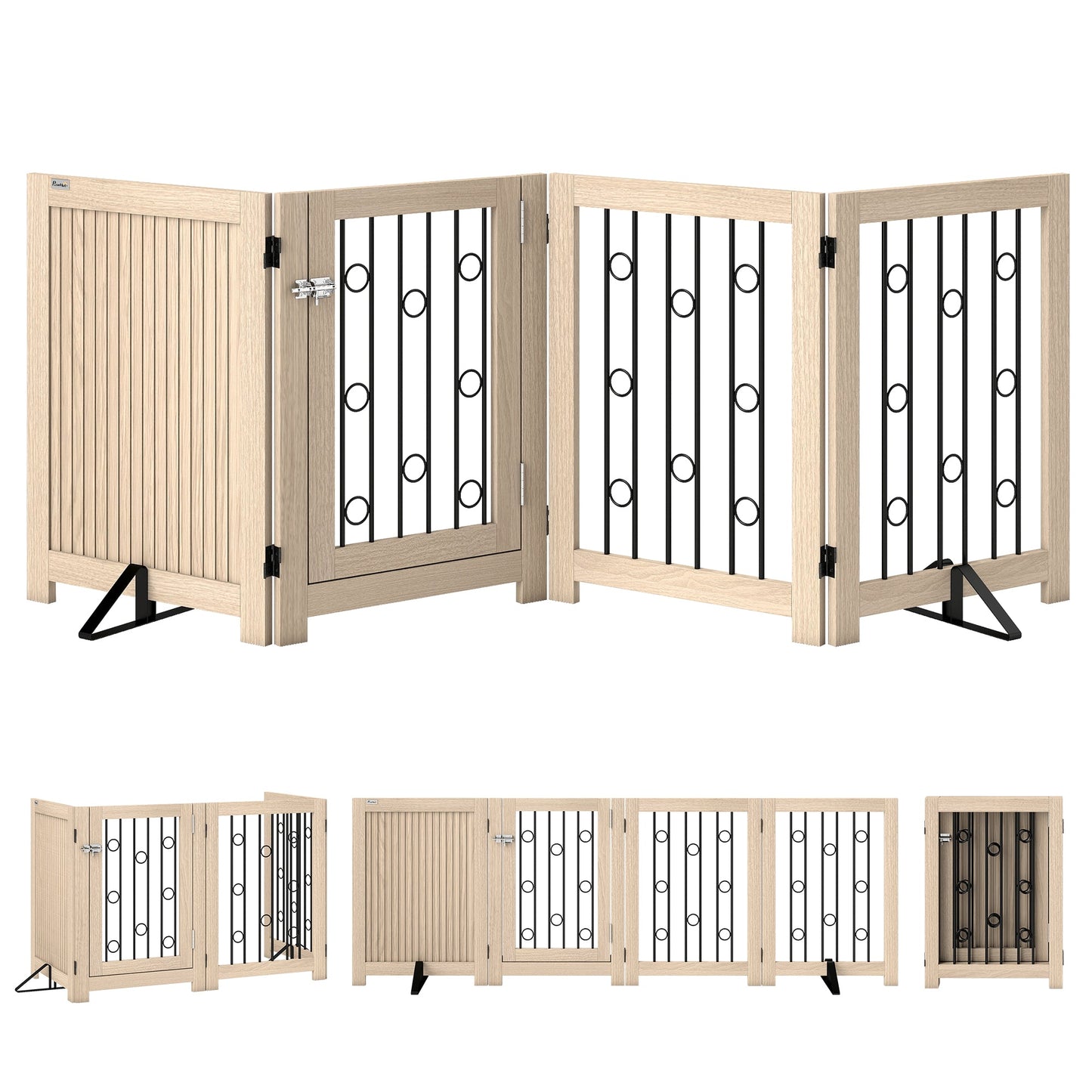 Freestanding Pet Gate, Foldable Dog Gate with Lockable Door, Support Feet & 360° Flexible Hinges, 4 Panel Indoor Safety Dog Barrier for House, Stairs, Doorway, 205 x 30.5 x 70 cm, Oak