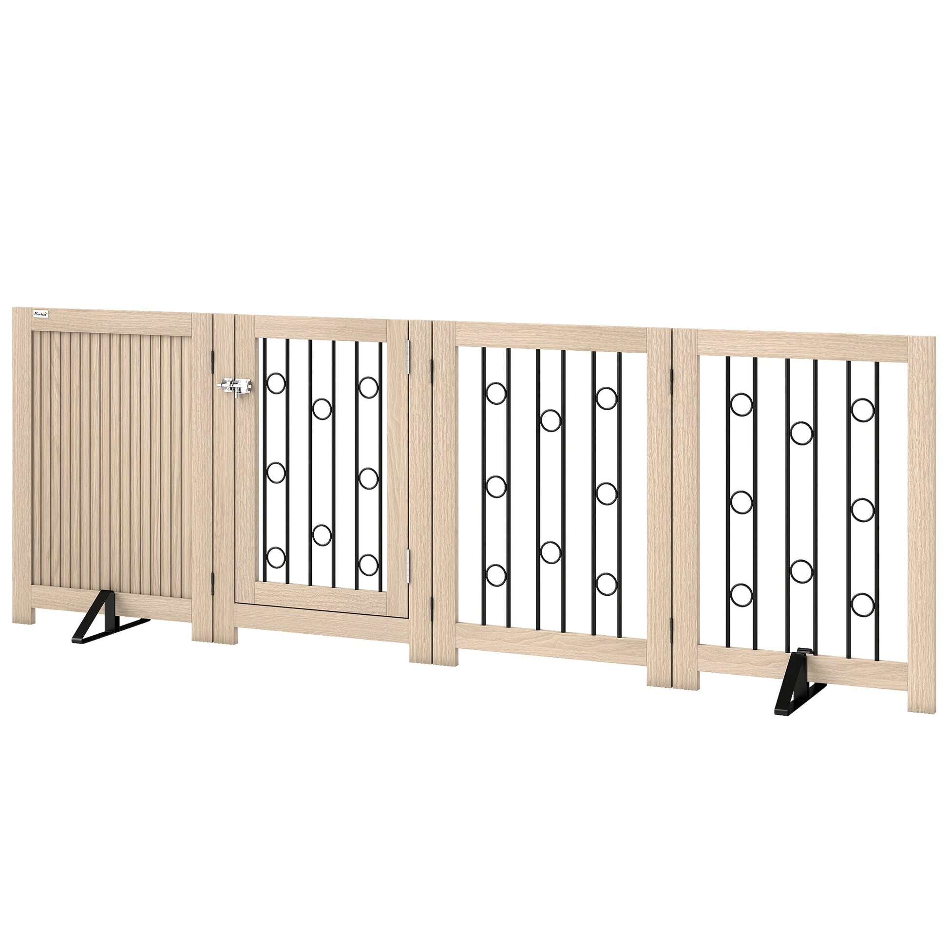 Freestanding Pet Gate, Foldable Dog Gate with Lockable Door, Support Feet & 360° Flexible Hinges, 4 Panel Indoor Safety Dog Barrier for House, Stairs, Doorway, 205 x 30.5 x 70 cm, Oak