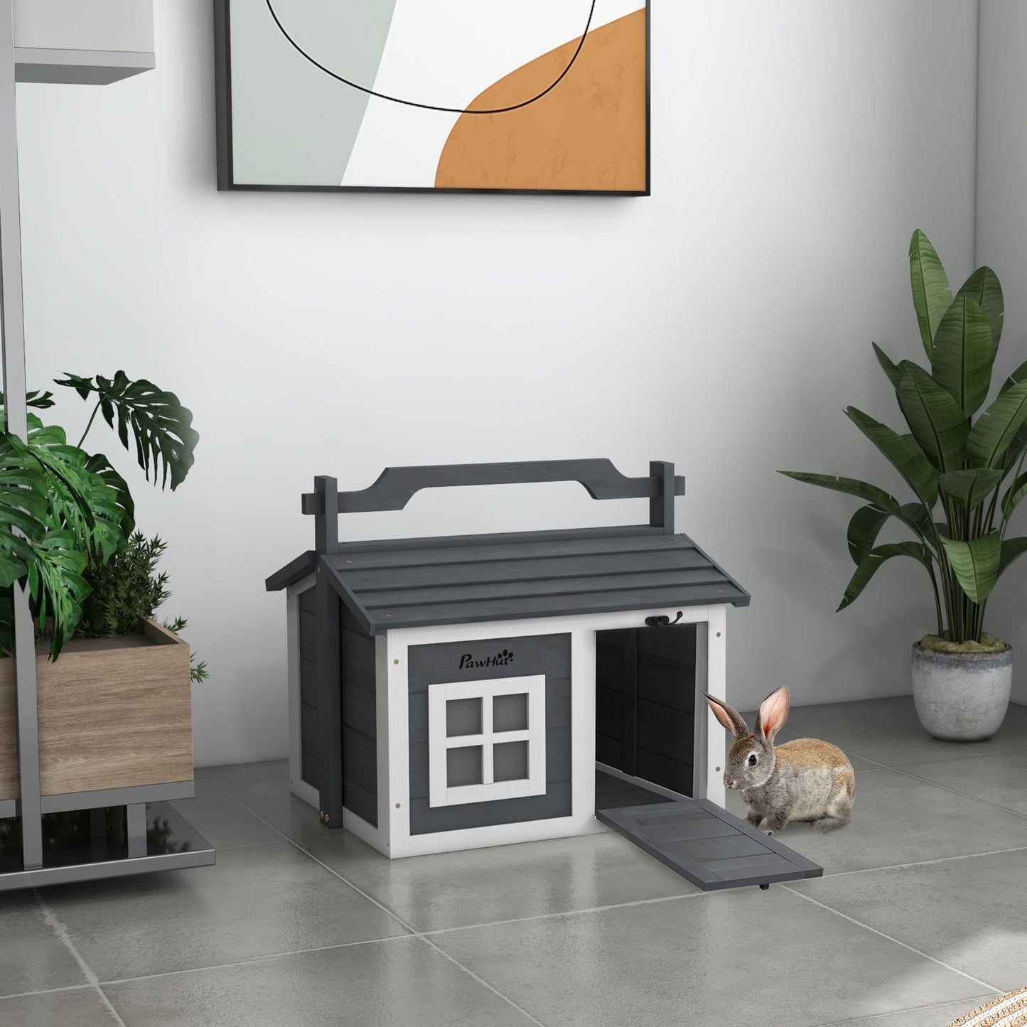 Rabbit Hutch Cat House Puppy House Guinea Pig Hutch Small Animal House Portable Wooden Indoor Outdoor with 2 Rooms Top Handle, Openable Roof - Grey