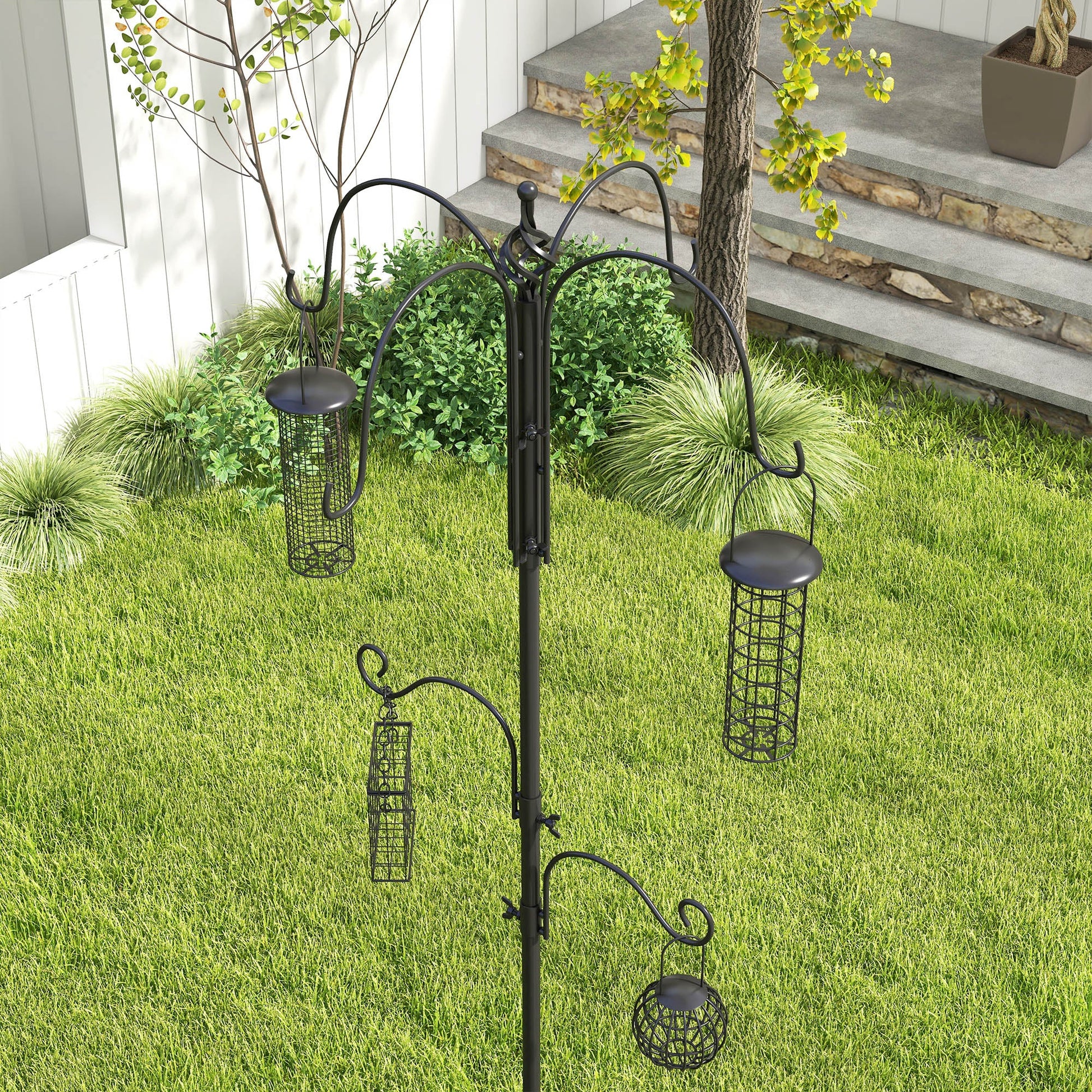 Bird Feeding Station Kit, Wild Bird Feeder Pole with 6 Hooks, 4 Hanging Feeders for Peanuts, Seed, Fat Balls, for Garden, Outdoor, Black