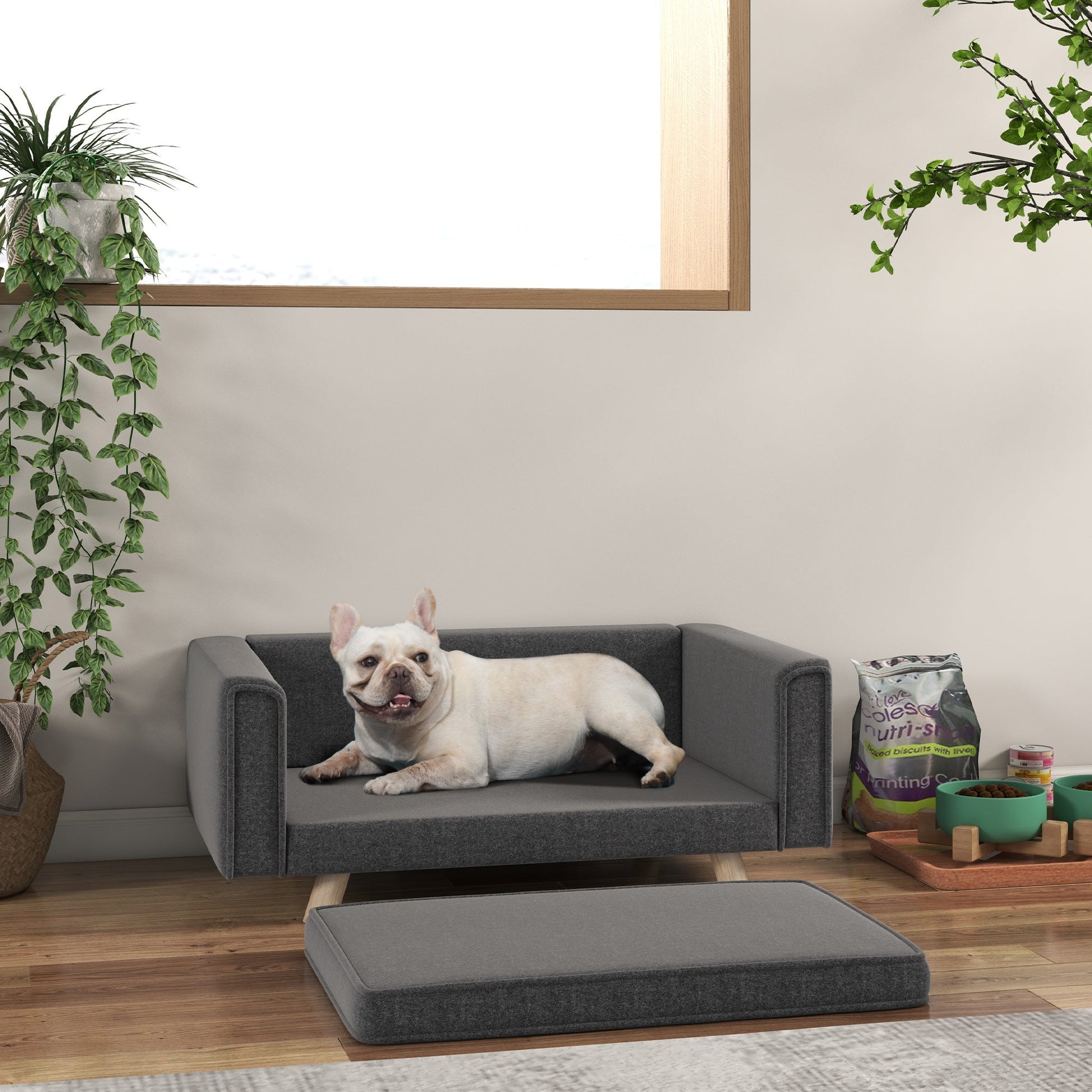 Dog Sofa Bed, Elevated Dog Couch for Medium and Small Dogs, with Soft Cushion, Removable and Washable Cover, Grey