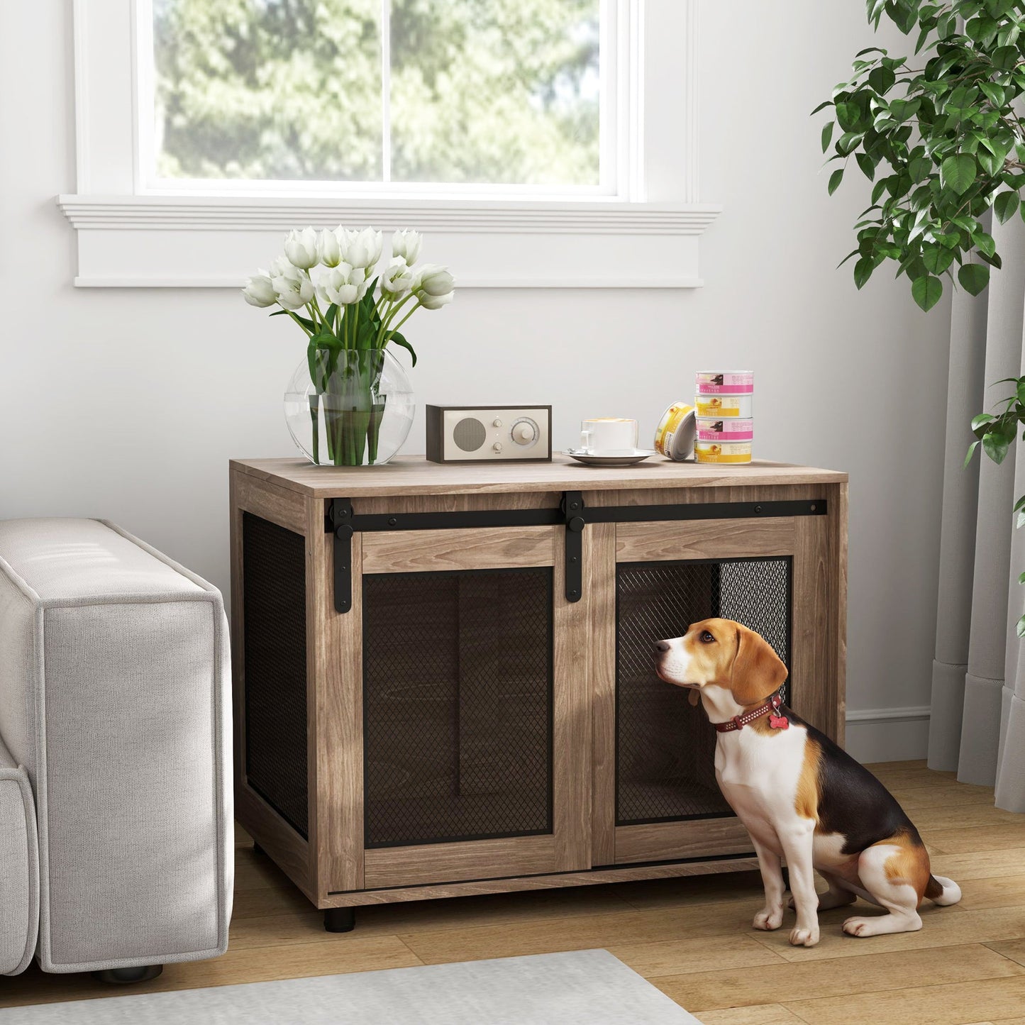 Dog Crate Furniture, Dog Cage End Table with Sliding Door, Pet Kennel for Medium Breeds, 80 x 58.5 x 63cm, Walnut Brown