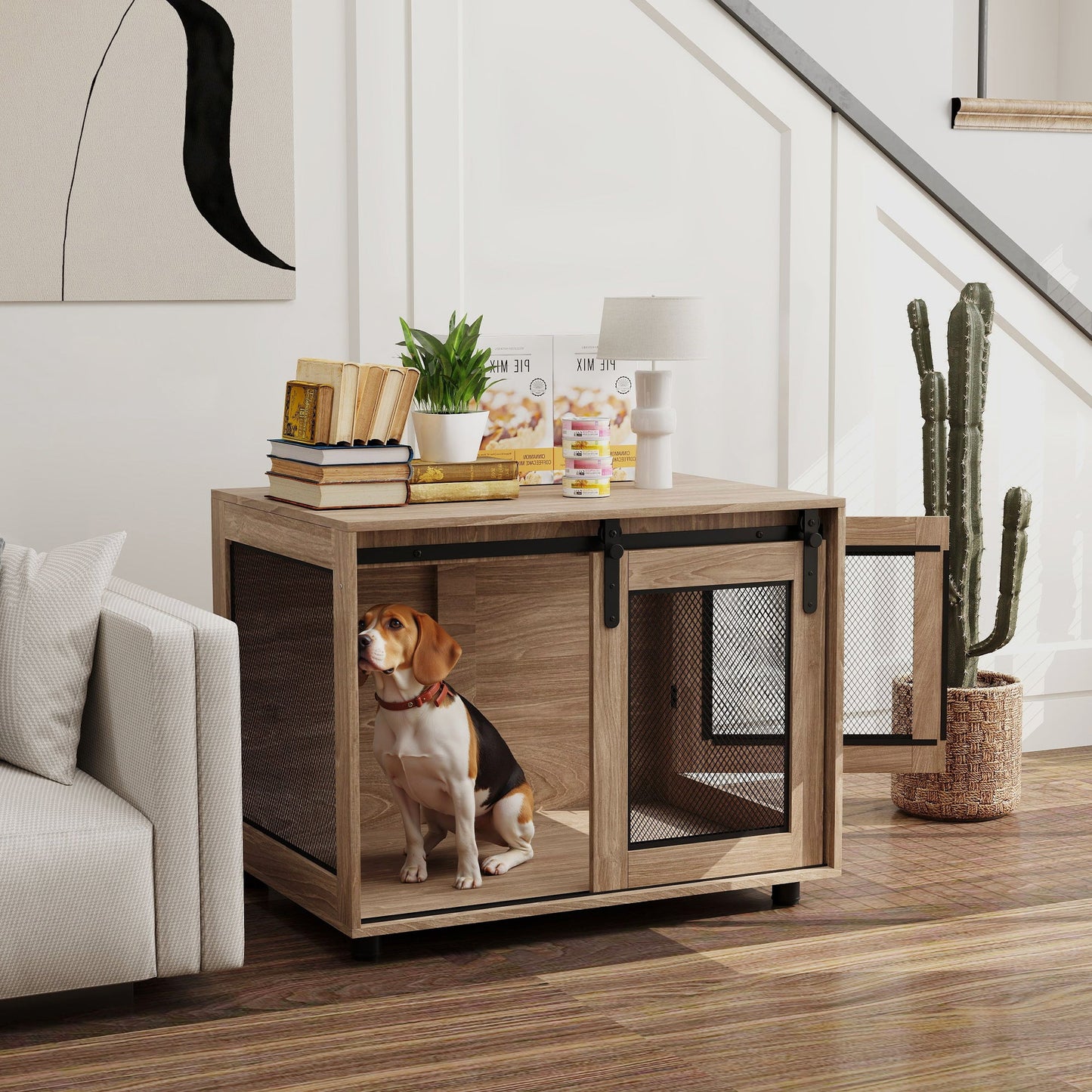 Dog Crate Furniture, Dog Cage End Table with Sliding Door, Pet Kennel for Medium Breeds, 80 x 58.5 x 63cm, Walnut Brown