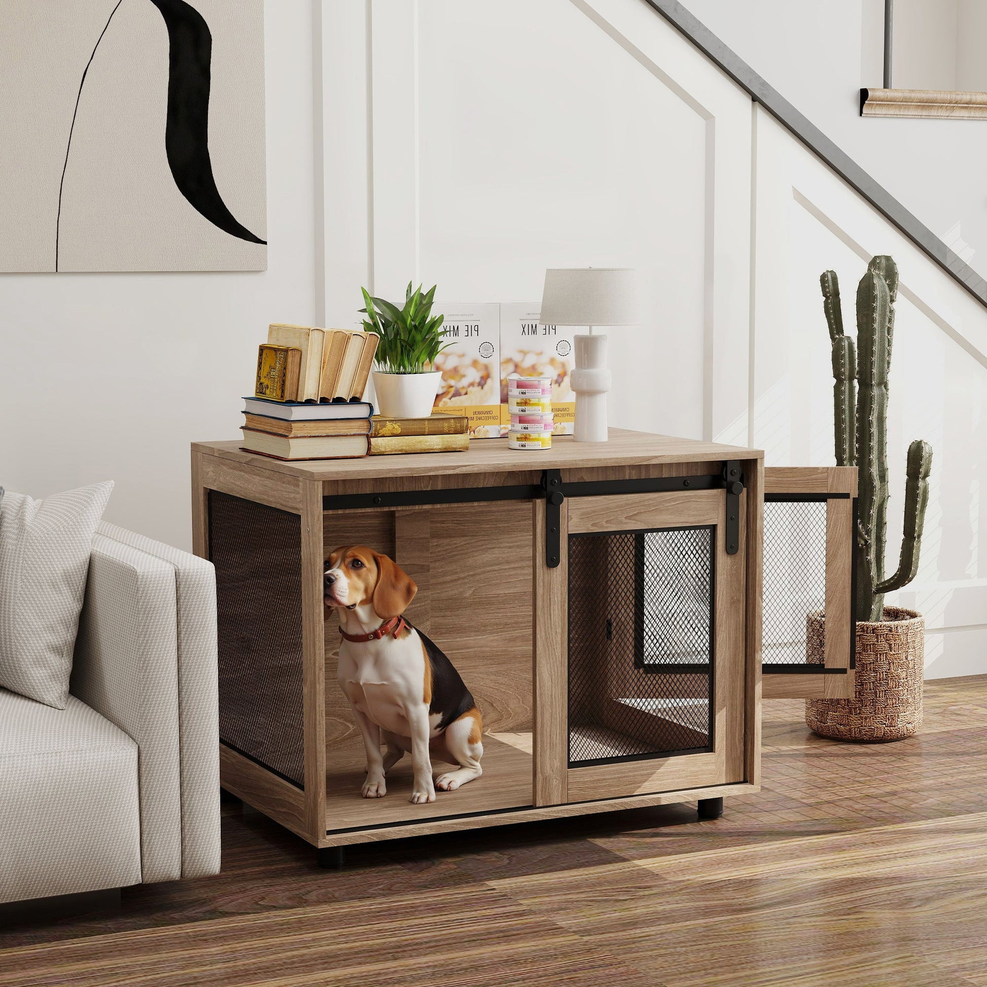 Dog Crate Furniture, Dog Cage End Table with Sliding Door, Pet Kennel for Medium Breeds, 80 x 58.5 x 63cm, Walnut Brown