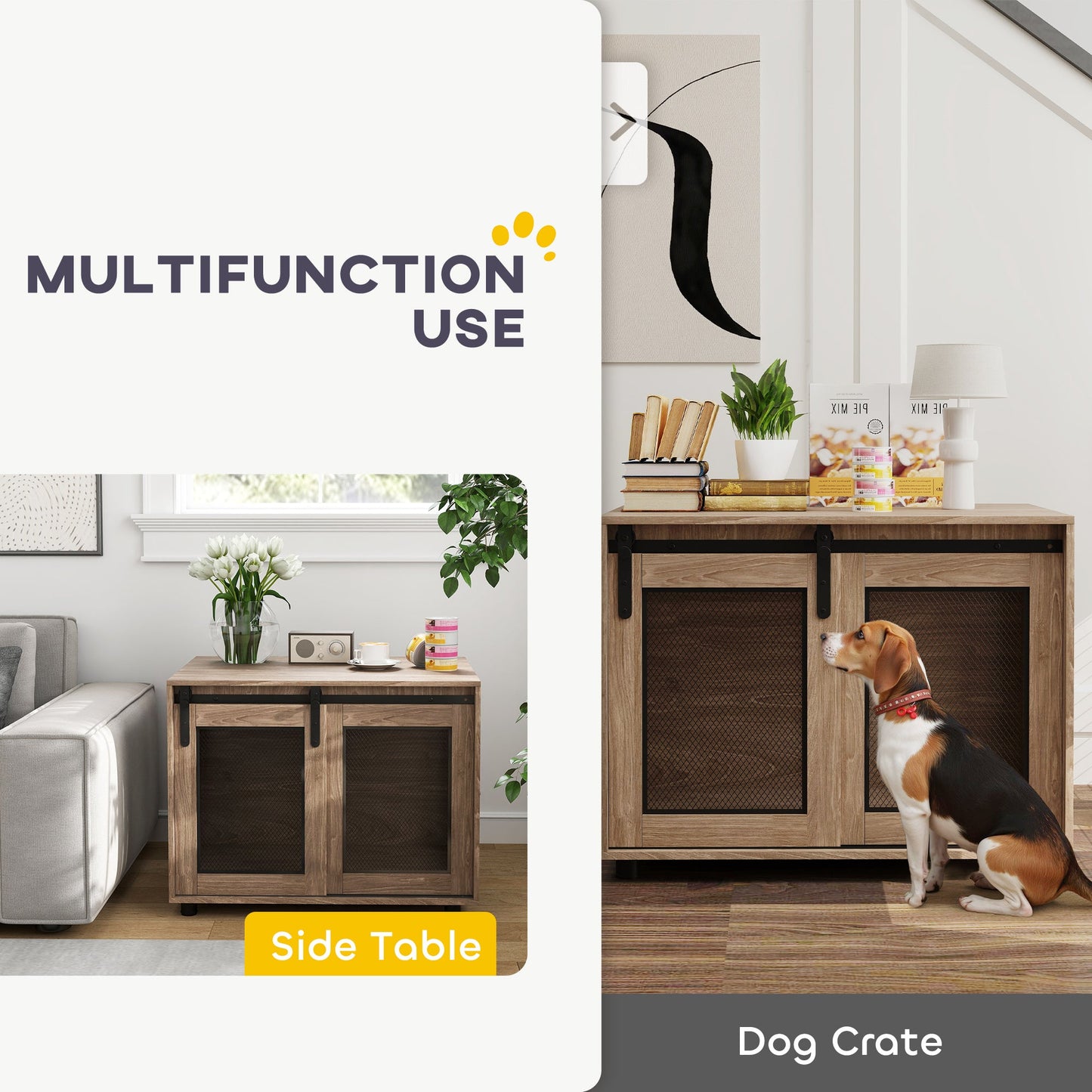 Dog Crate Furniture, Dog Cage End Table with Sliding Door, Pet Kennel for Medium Breeds, 80 x 58.5 x 63cm, Walnut Brown