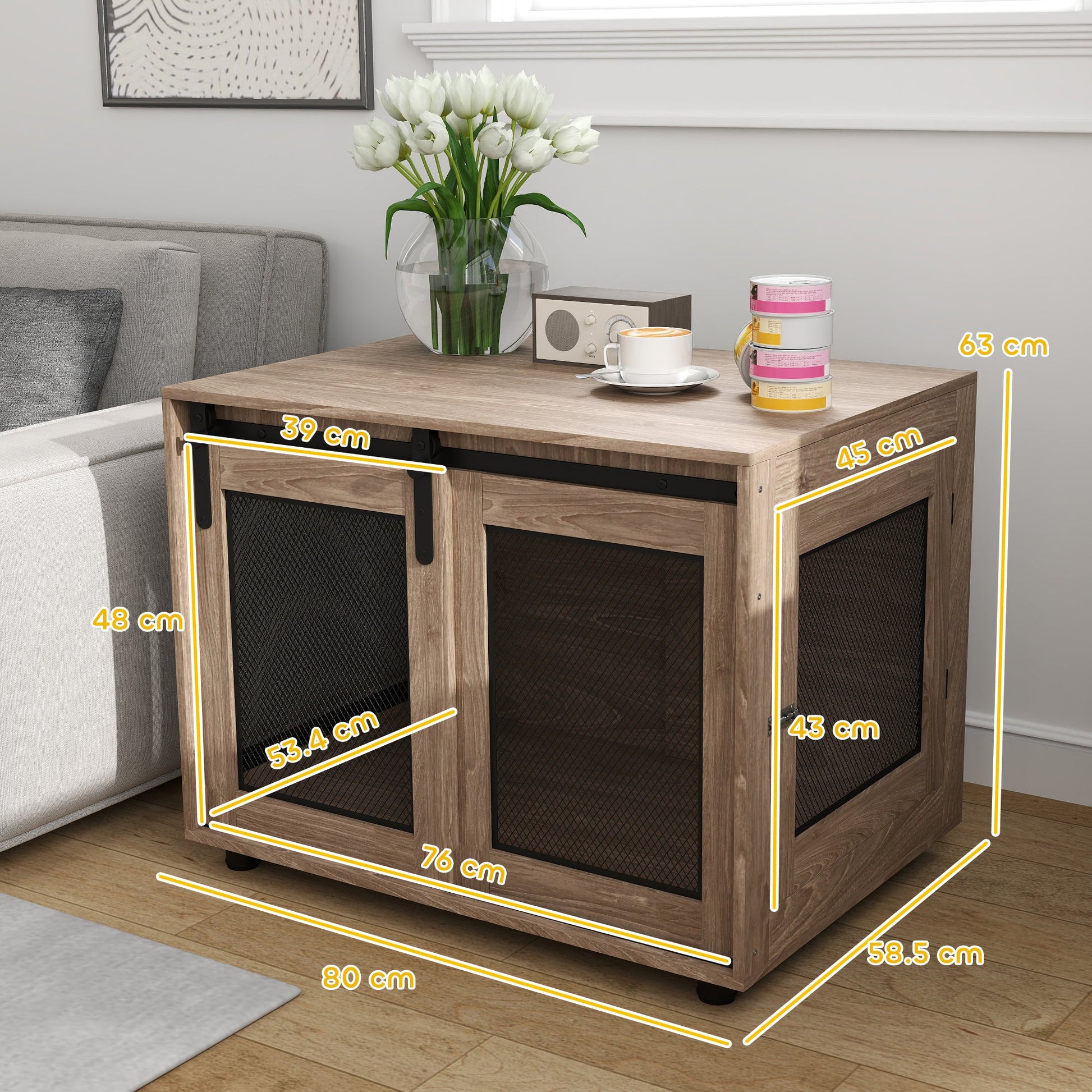 Dog Crate Furniture, Dog Cage End Table with Sliding Door, Pet Kennel for Medium Breeds, 80 x 58.5 x 63cm, Walnut Brown