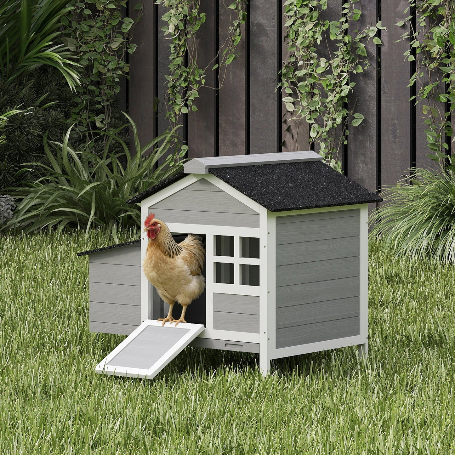 Chicken Coop, Compact Wooden Hen House with Pull-Out Metal Tray, Nesting Box, for 1-2 Chickens