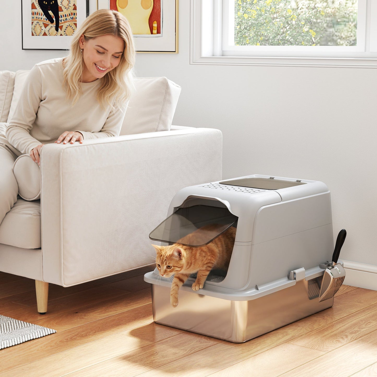 Stainless Steel Litter Box with Lid, Extra Large Hooded Cat Litter Tray for Big Cats with Front-Entry and Top-Exit, Metal Scoop, Deodorizer Bag, Non-Sticky, Odour Control and Easy Clean