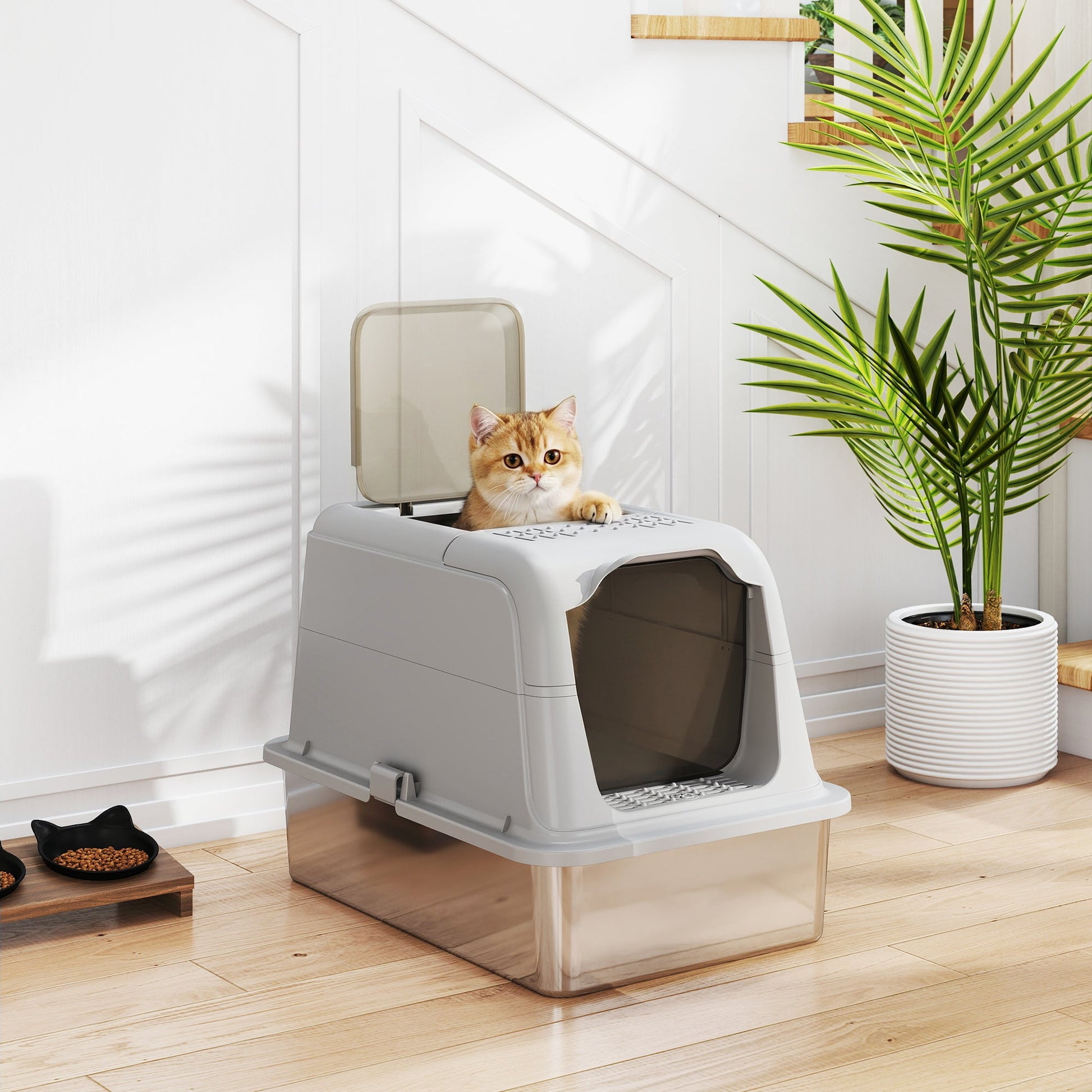 Stainless Steel Litter Box with Lid, Extra Large Hooded Cat Litter Tray for Big Cats with Front-Entry and Top-Exit, Metal Scoop, Deodorizer Bag, Non-Sticky, Odour Control and Easy Clean