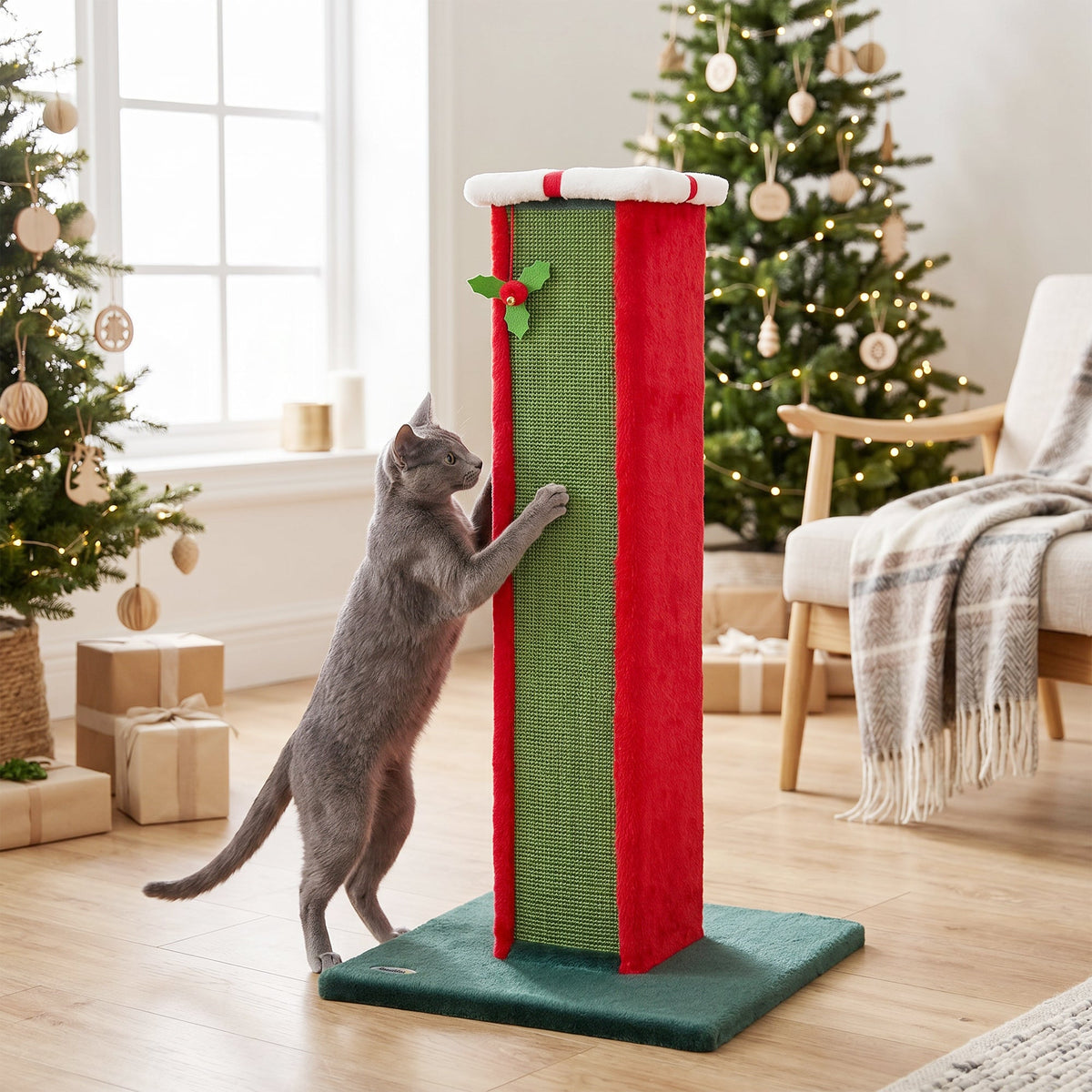 Cat Scratching Post for Indoor Cats, 81cm Tall Cat Scratcher with Sisal Rope, Hanging Bell Toy and Stable Base, Green and Red