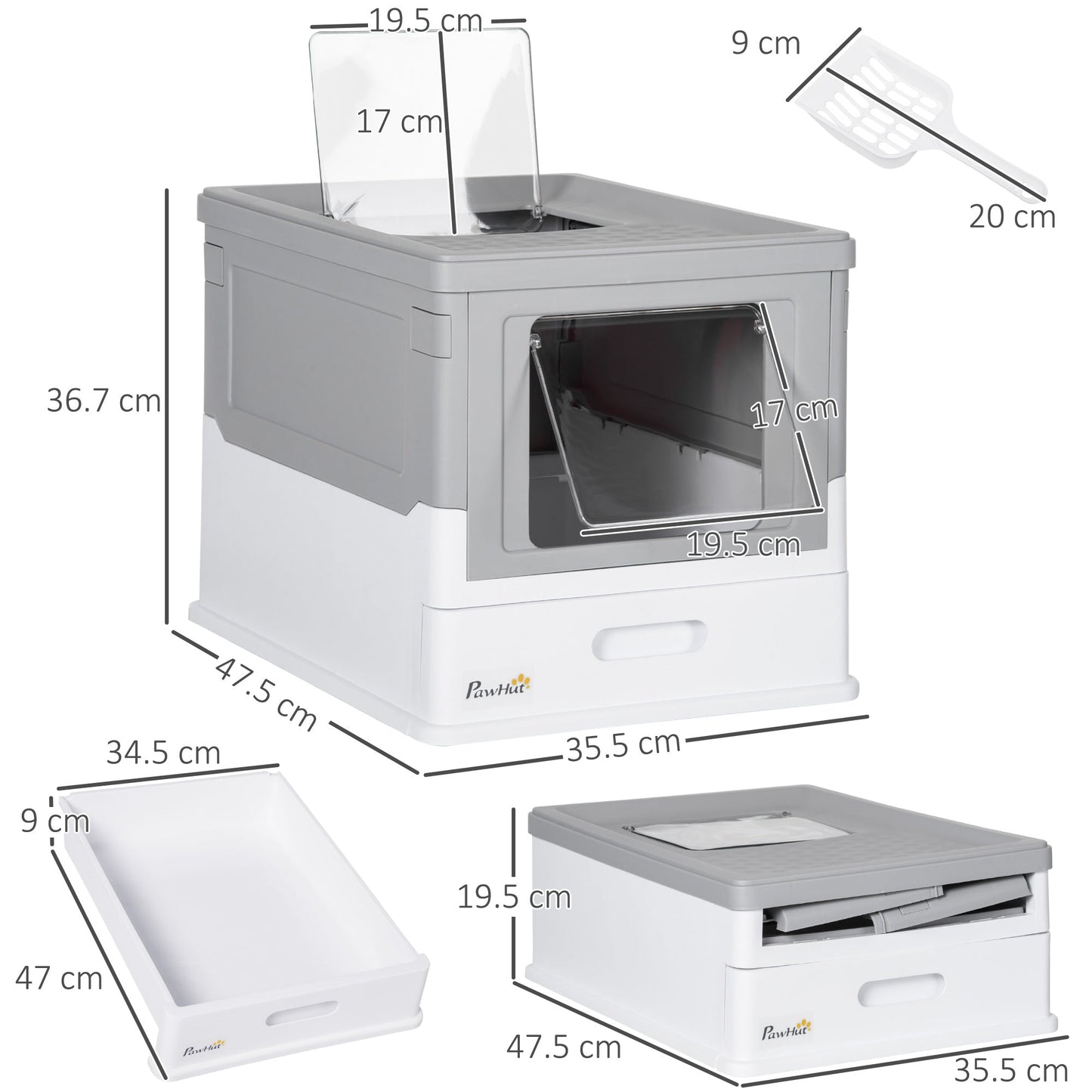 Cat Litter Tray with Hood Enclosed Cat Litter Box Pet Toilet w/ Lid, Scoop, Front Entry, 47.5 x 35.5 x 36.7cm - Grey