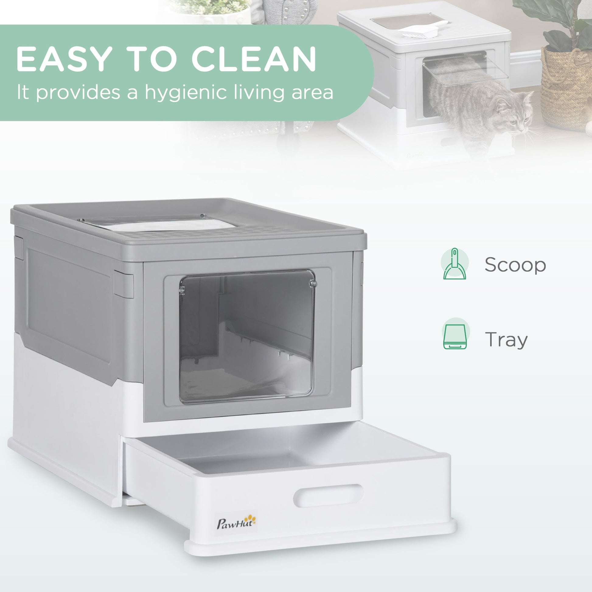 Cat Litter Tray with Hood Enclosed Cat Litter Box Pet Toilet w/ Lid, Scoop, Front Entry, 47.5 x 35.5 x 36.7cm - Grey