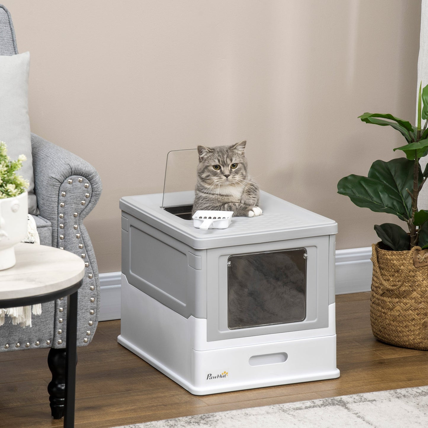 Cat Litter Tray with Hood Enclosed Cat Litter Box Pet Toilet w/ Lid, Scoop, Front Entry, 47.5 x 35.5 x 36.7cm - Grey