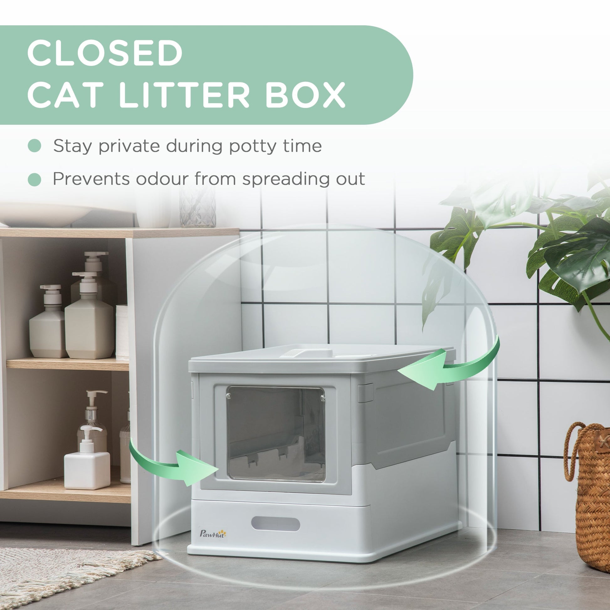 Cat Litter Tray with Hood Enclosed Cat Litter Box Pet Toilet w/ Lid, Scoop, Front Entry, 47.5 x 35.5 x 36.7cm - Grey