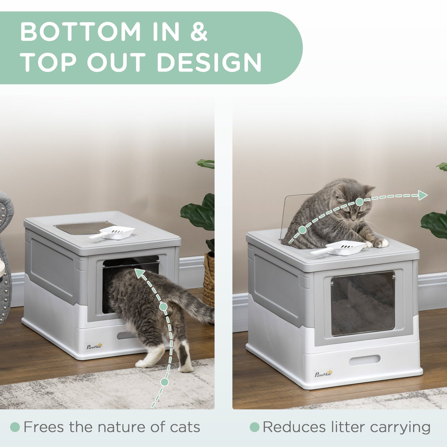 Cat Litter Tray with Hood Enclosed Cat Litter Box Pet Toilet w/ Lid, Scoop, Front Entry, 47.5 x 35.5 x 36.7cm - Grey