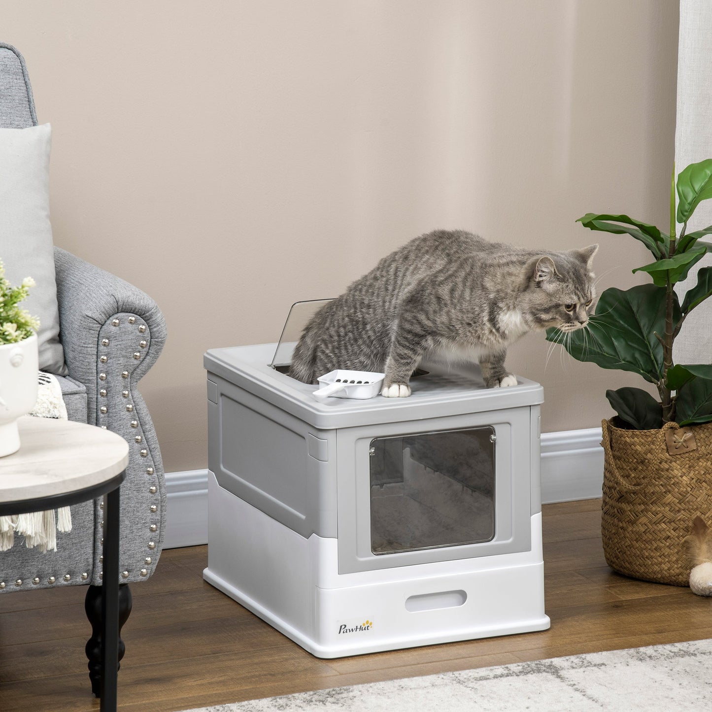 Cat Litter Tray with Hood Enclosed Cat Litter Box Pet Toilet w/ Lid, Scoop, Front Entry, 47.5 x 35.5 x 36.7cm - Grey