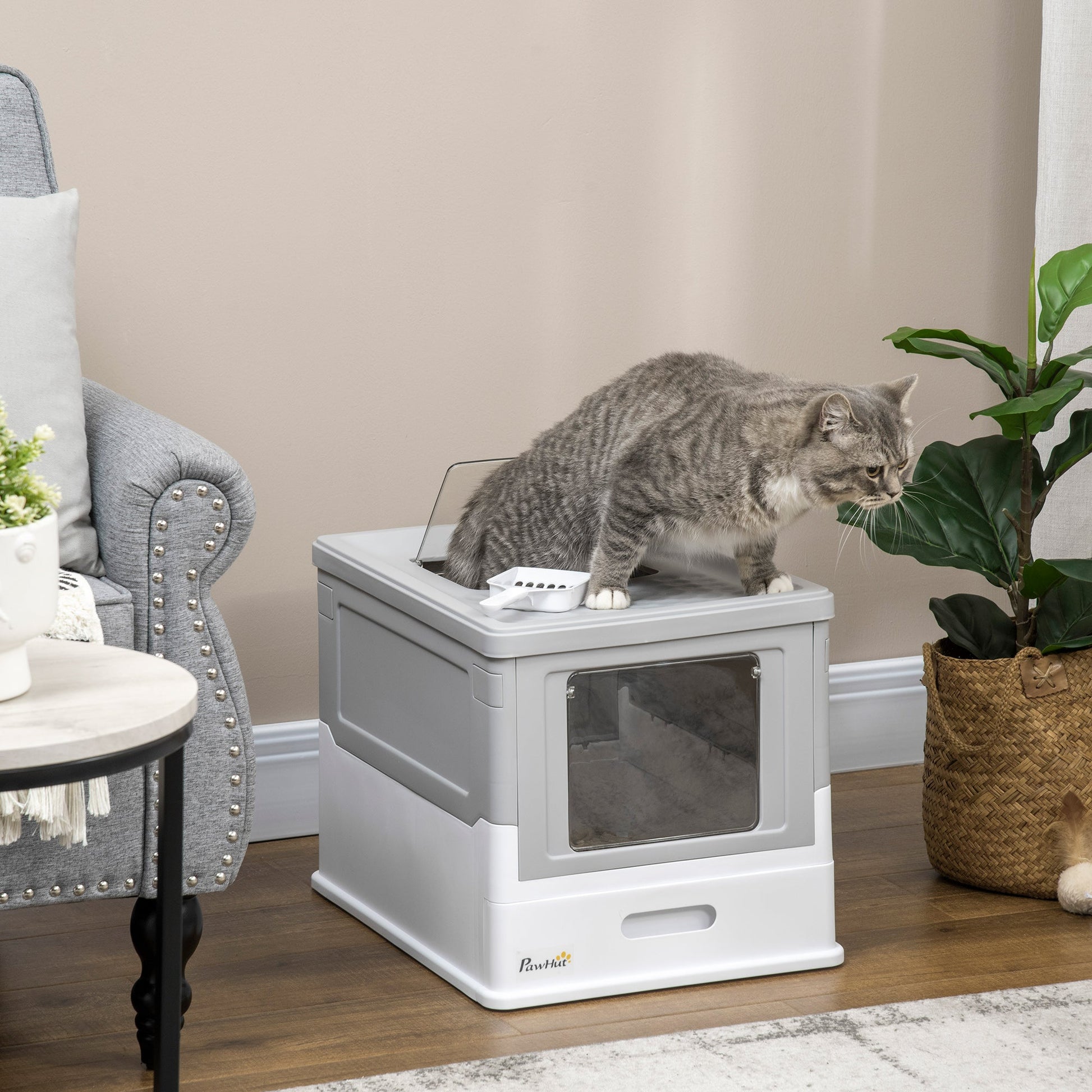 Cat Litter Tray with Hood Enclosed Cat Litter Box Pet Toilet w/ Lid, Scoop, Front Entry, 47.5 x 35.5 x 36.7cm - Grey