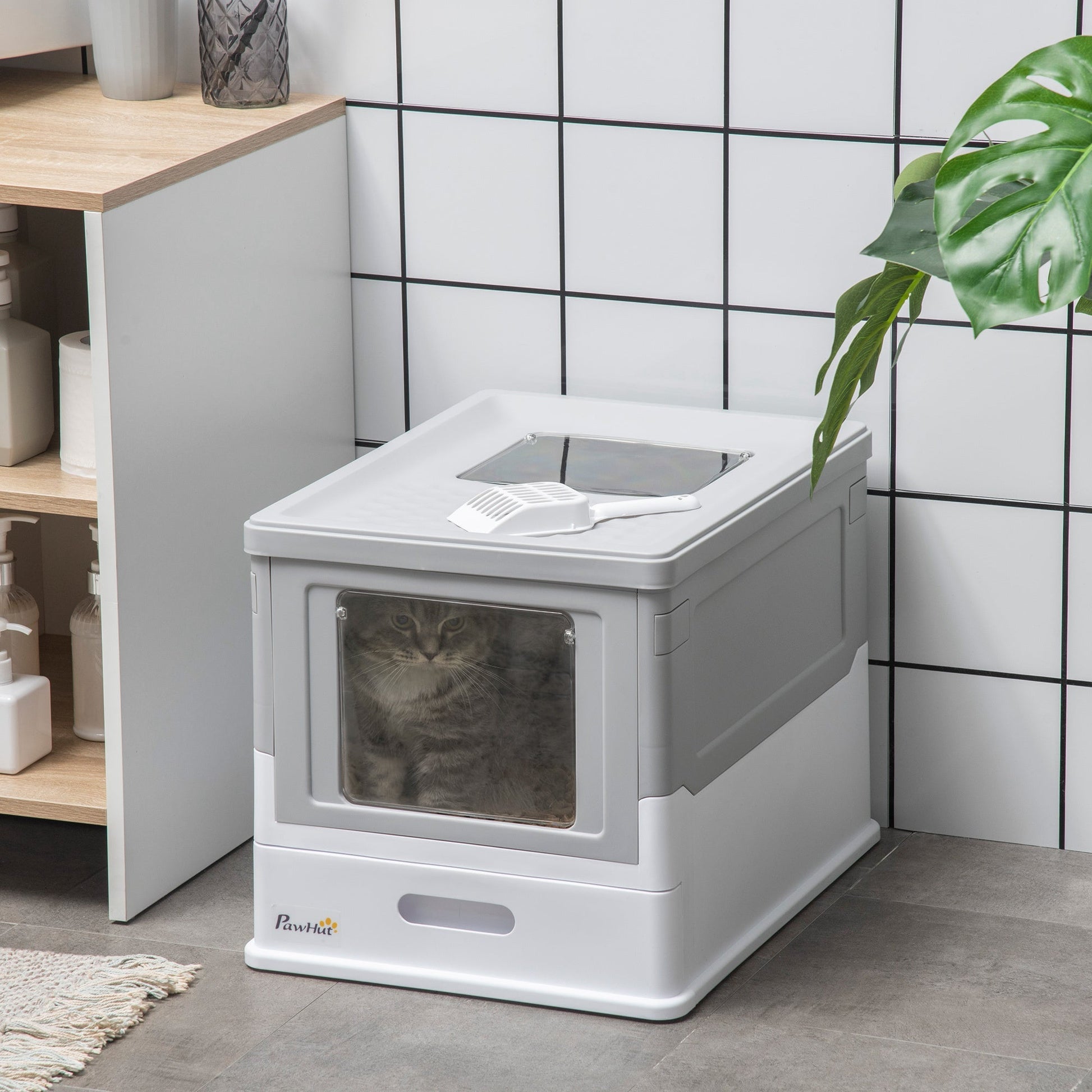 Cat Litter Tray with Hood Enclosed Cat Litter Box Pet Toilet w/ Lid, Scoop, Front Entry, 47.5 x 35.5 x 36.7cm - Grey