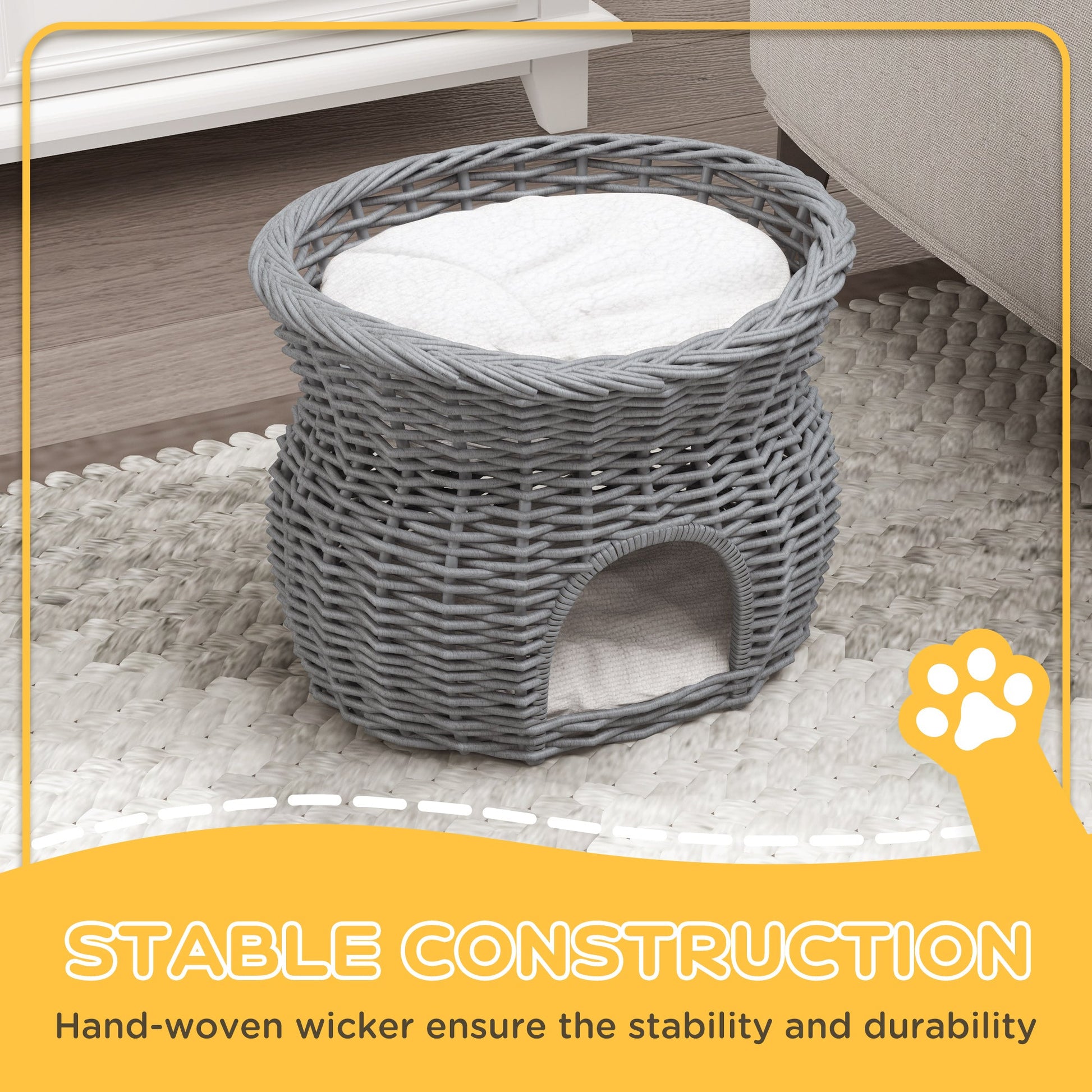 2-Tier Wicker Cat House Elevated Pet Bed Basket Willow Kitten Tower Pet Den. Cozy Cave with Washable Cushions 56x37x40cm Grey
