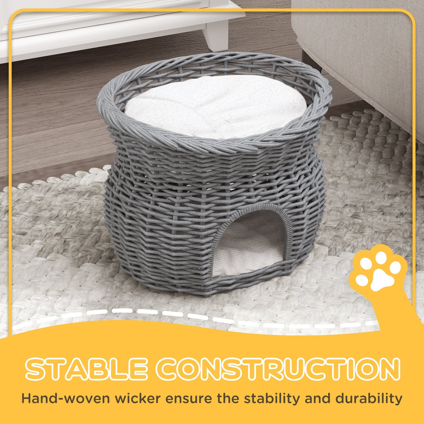 2-Tier Wicker Cat House Elevated Pet Bed Basket Willow Kitten Tower Pet Den. Cozy Cave with Washable Cushions 56x37x40cm Grey