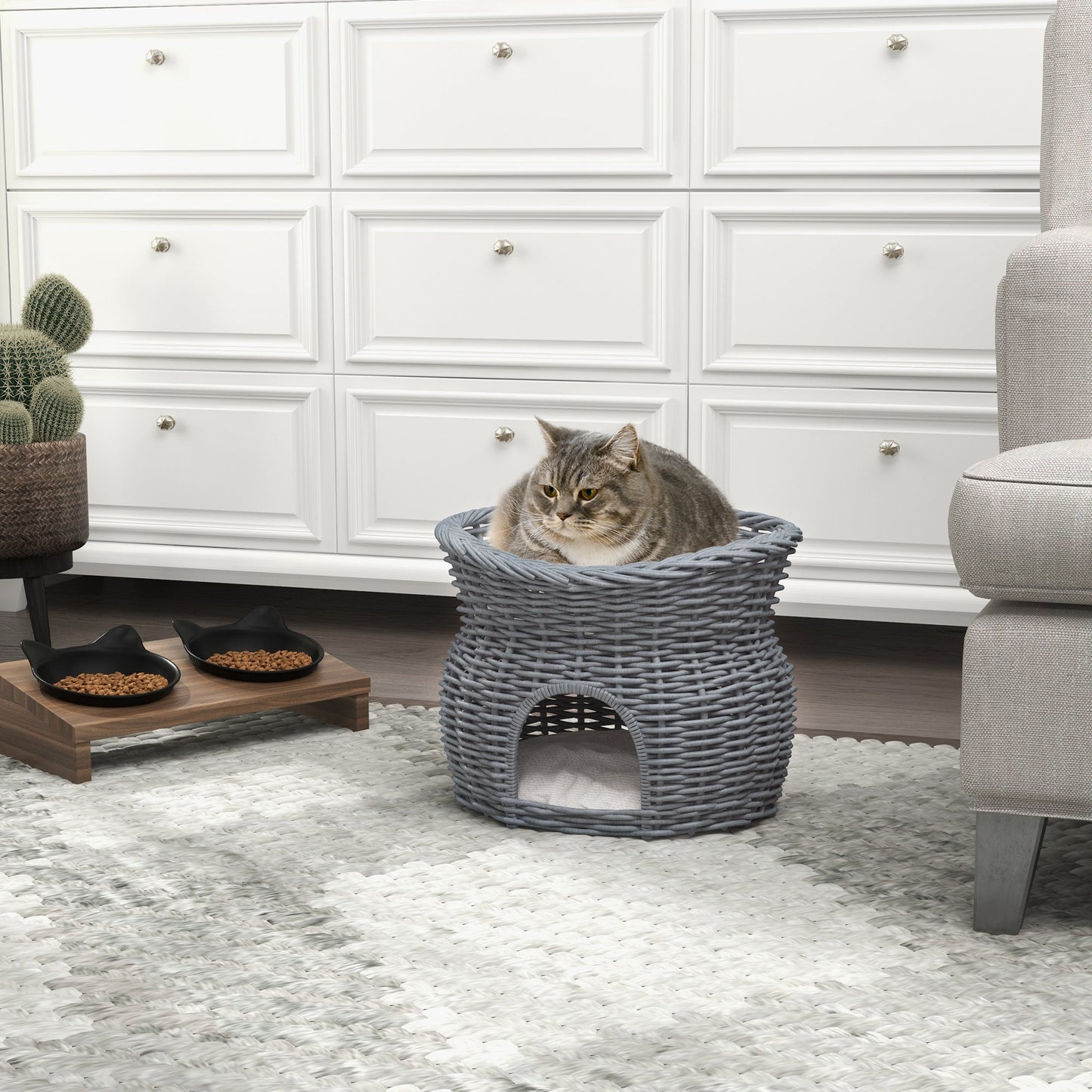 2-Tier Wicker Cat House Elevated Pet Bed Basket Willow Kitten Tower Pet Den. Cozy Cave with Washable Cushions 56x37x40cm Grey