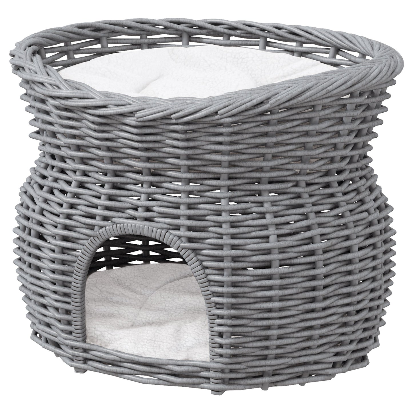 2-Tier Wicker Cat House Elevated Pet Bed Basket Willow Kitten Tower Pet Den. Cozy Cave with Washable Cushions 56x37x40cm Grey