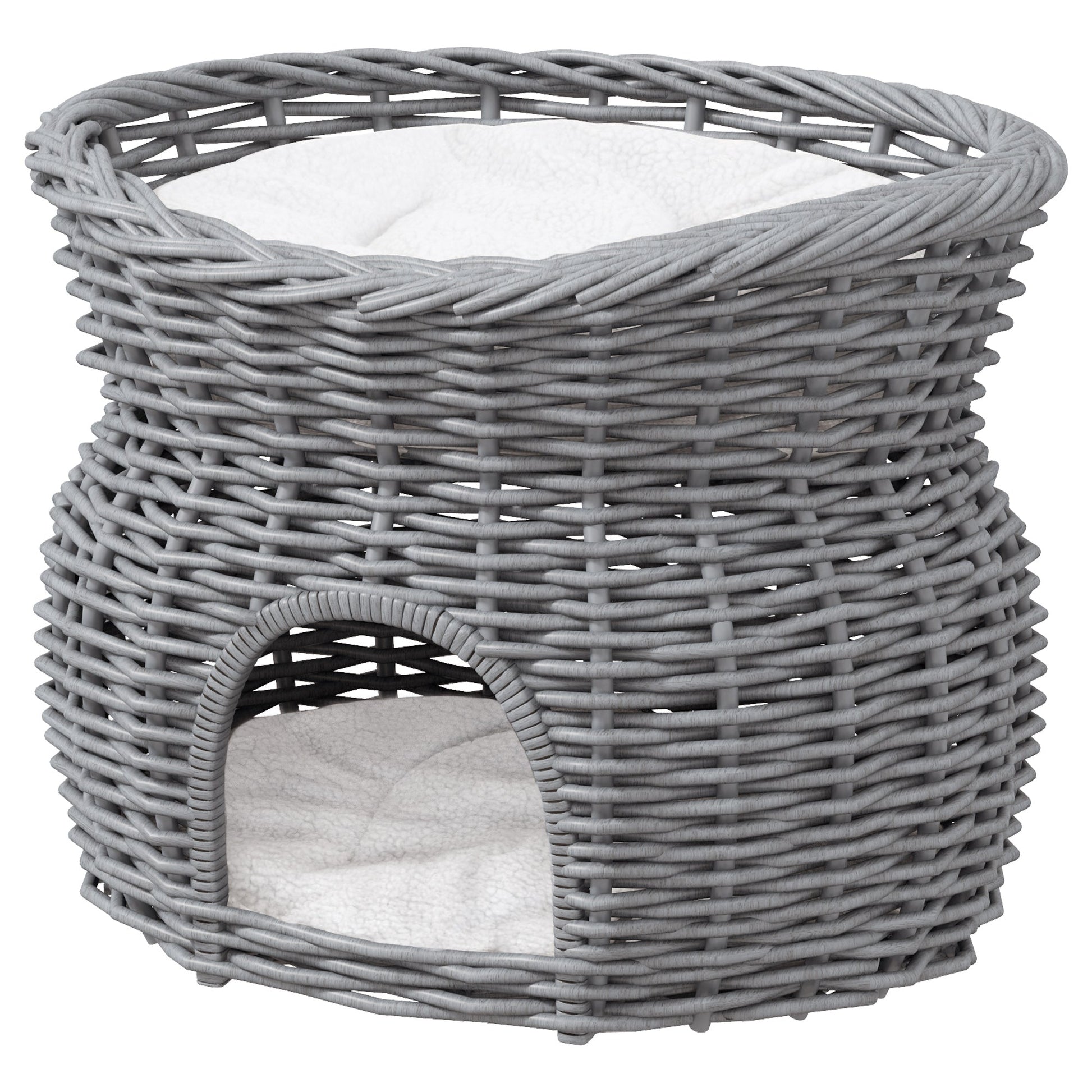 2-Tier Wicker Cat House Elevated Pet Bed Basket Willow Kitten Tower Pet Den. Cozy Cave with Washable Cushions 56x37x40cm Grey