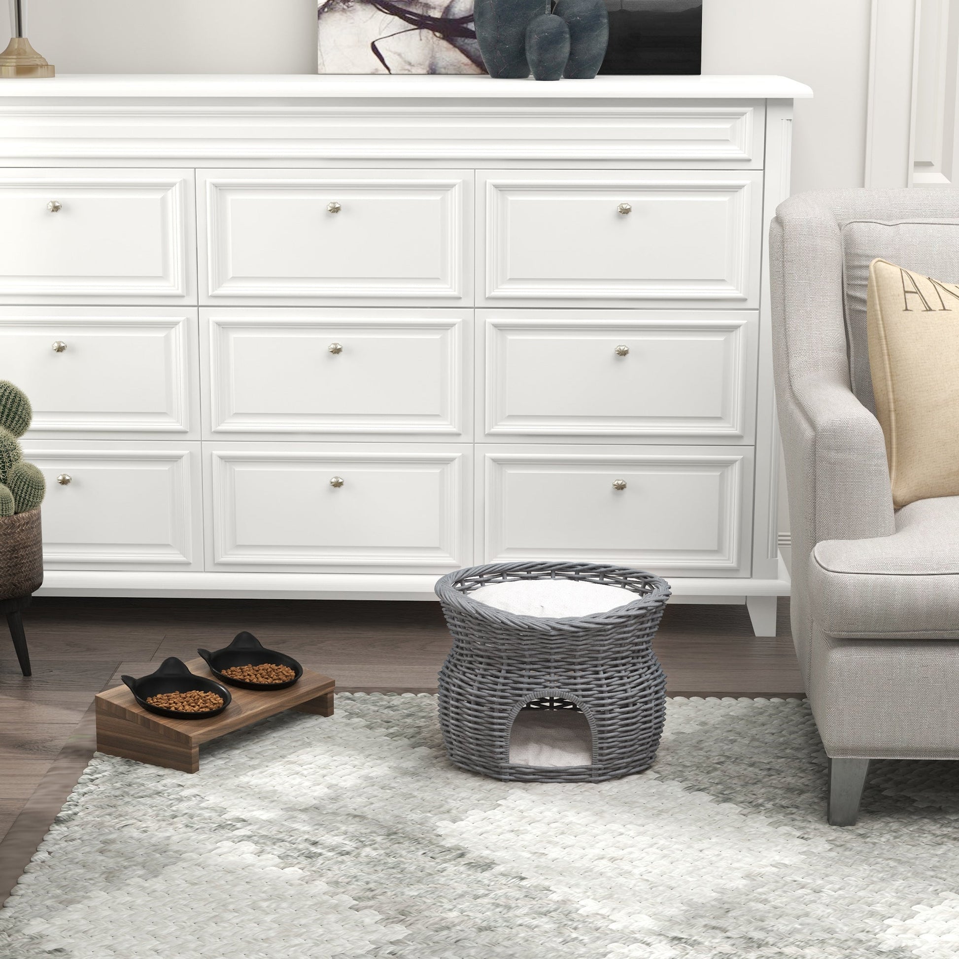 2-Tier Wicker Cat House Elevated Pet Bed Basket Willow Kitten Tower Pet Den. Cozy Cave with Washable Cushions 56x37x40cm Grey