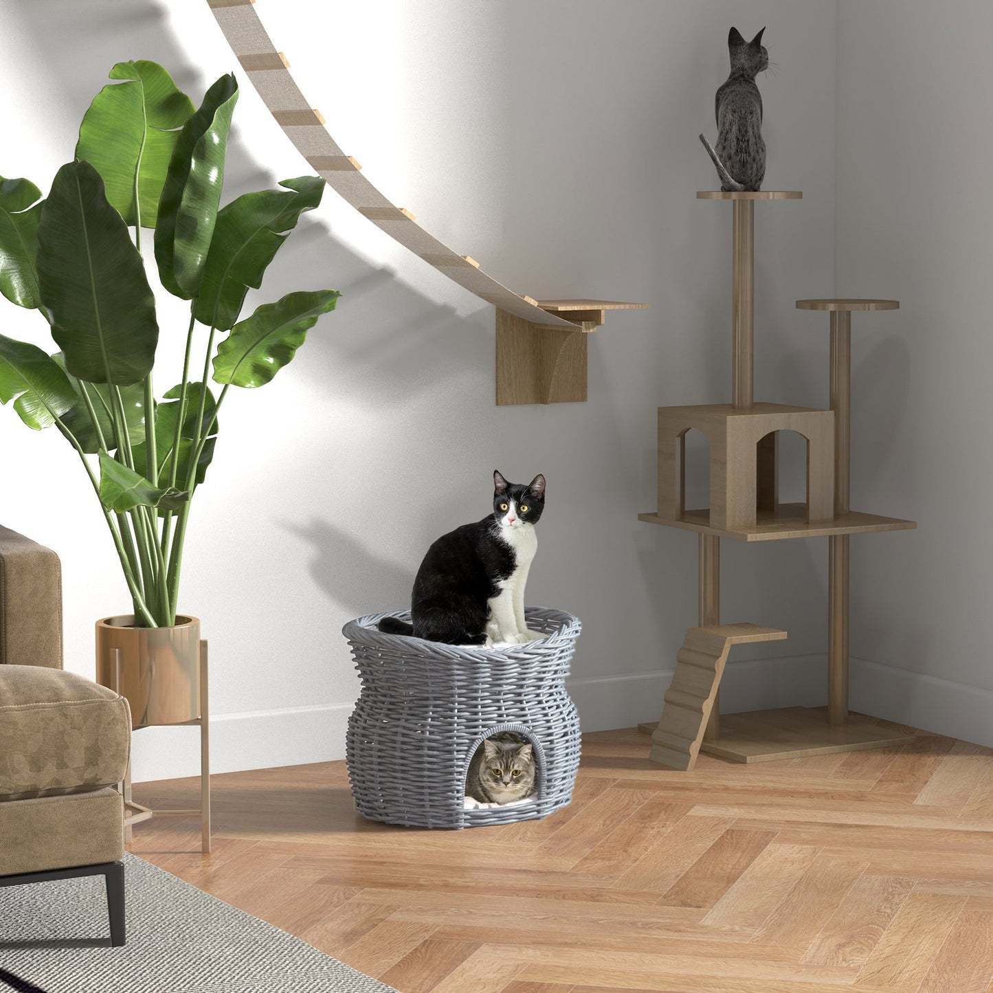 2-Tier Wicker Cat House Elevated Pet Bed Basket Willow Kitten Tower Pet Den. Cozy Cave with Washable Cushions 56x37x40cm Grey