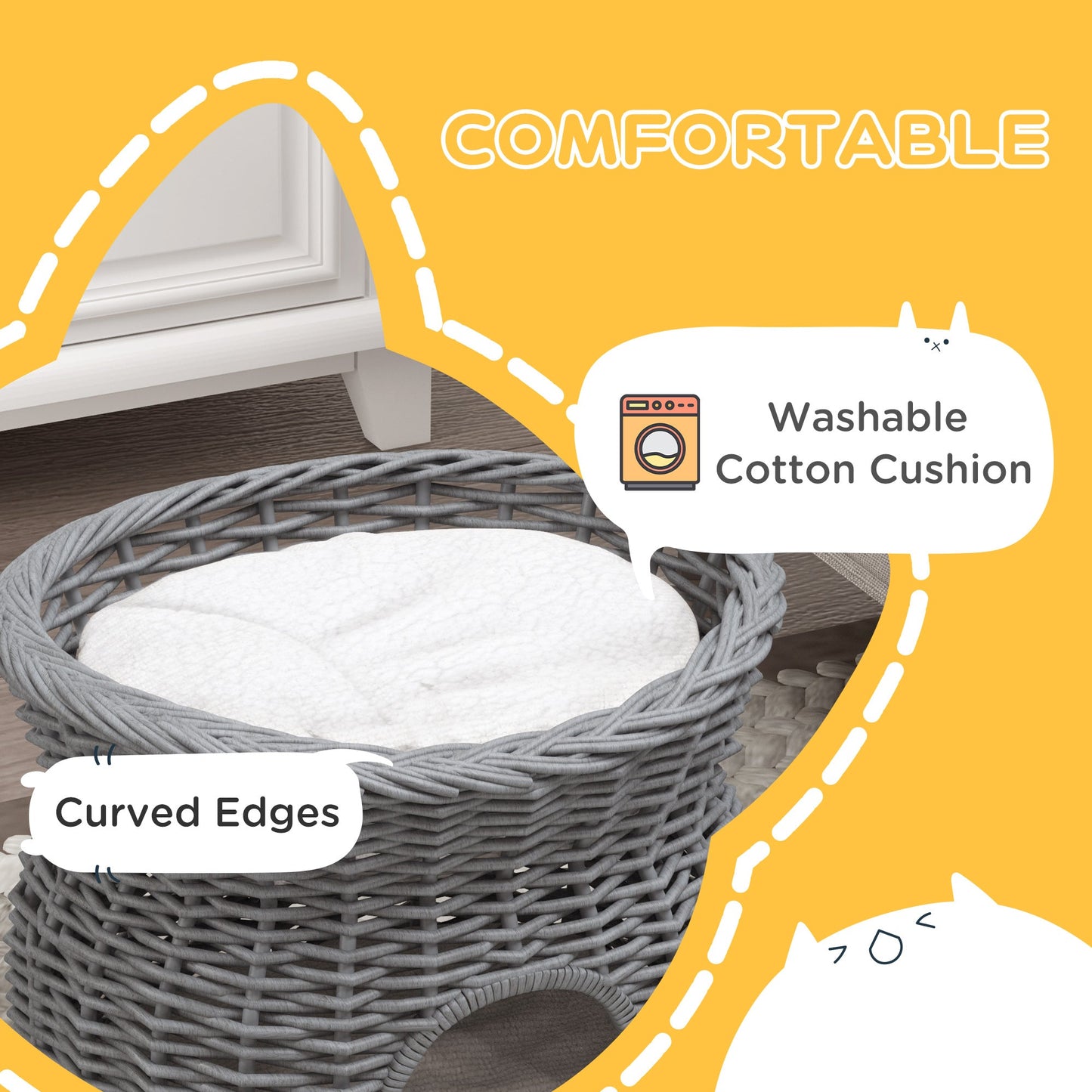 2-Tier Wicker Cat House Elevated Pet Bed Basket Willow Kitten Tower Pet Den. Cozy Cave with Washable Cushions 56x37x40cm Grey