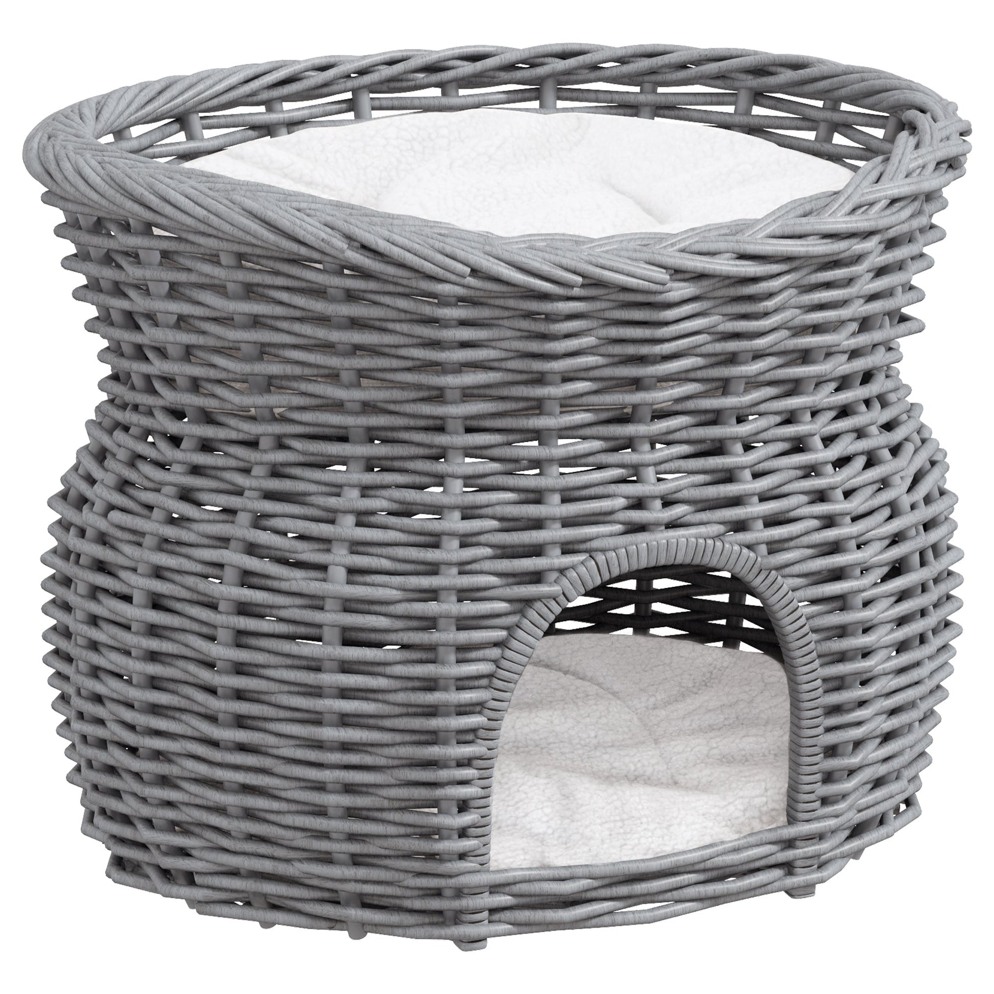 2-Tier Wicker Cat House Elevated Pet Bed Basket Willow Kitten Tower Pet Den. Cozy Cave with Washable Cushions 56x37x40cm Grey