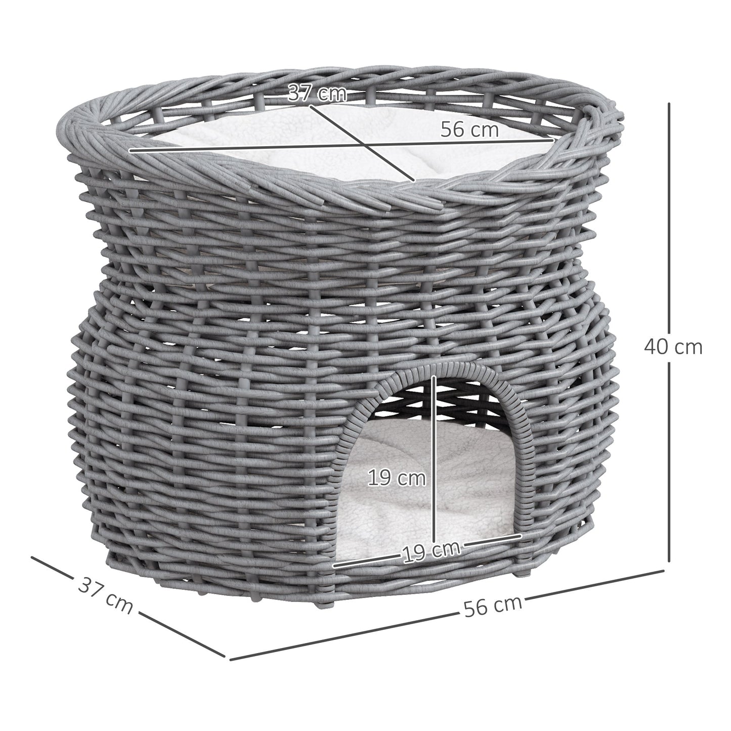 2-Tier Wicker Cat House Elevated Pet Bed Basket Willow Kitten Tower Pet Den. Cozy Cave with Washable Cushions 56x37x40cm Grey